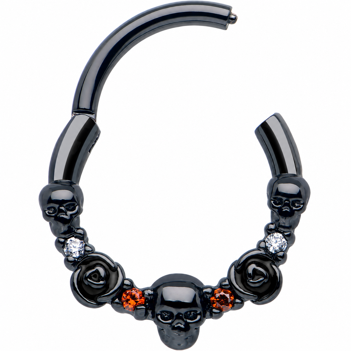 16G 3/8 Red Clear CZ Gem Black Skull Halloween Hinged Segment Ring