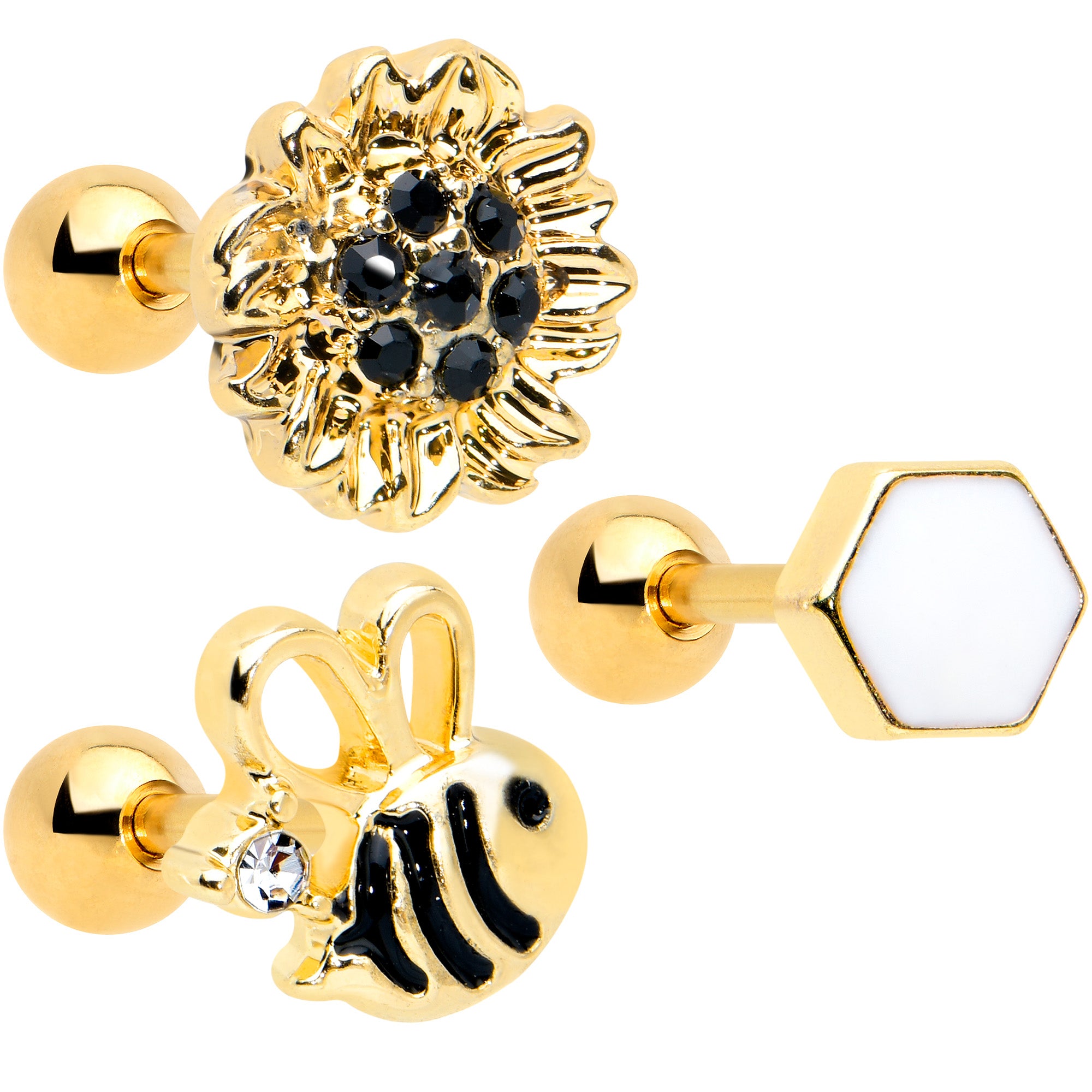 16 Gauge 1/4 Black CZ Gem Gold Tone Beehive Cartilage Earring Set of 3