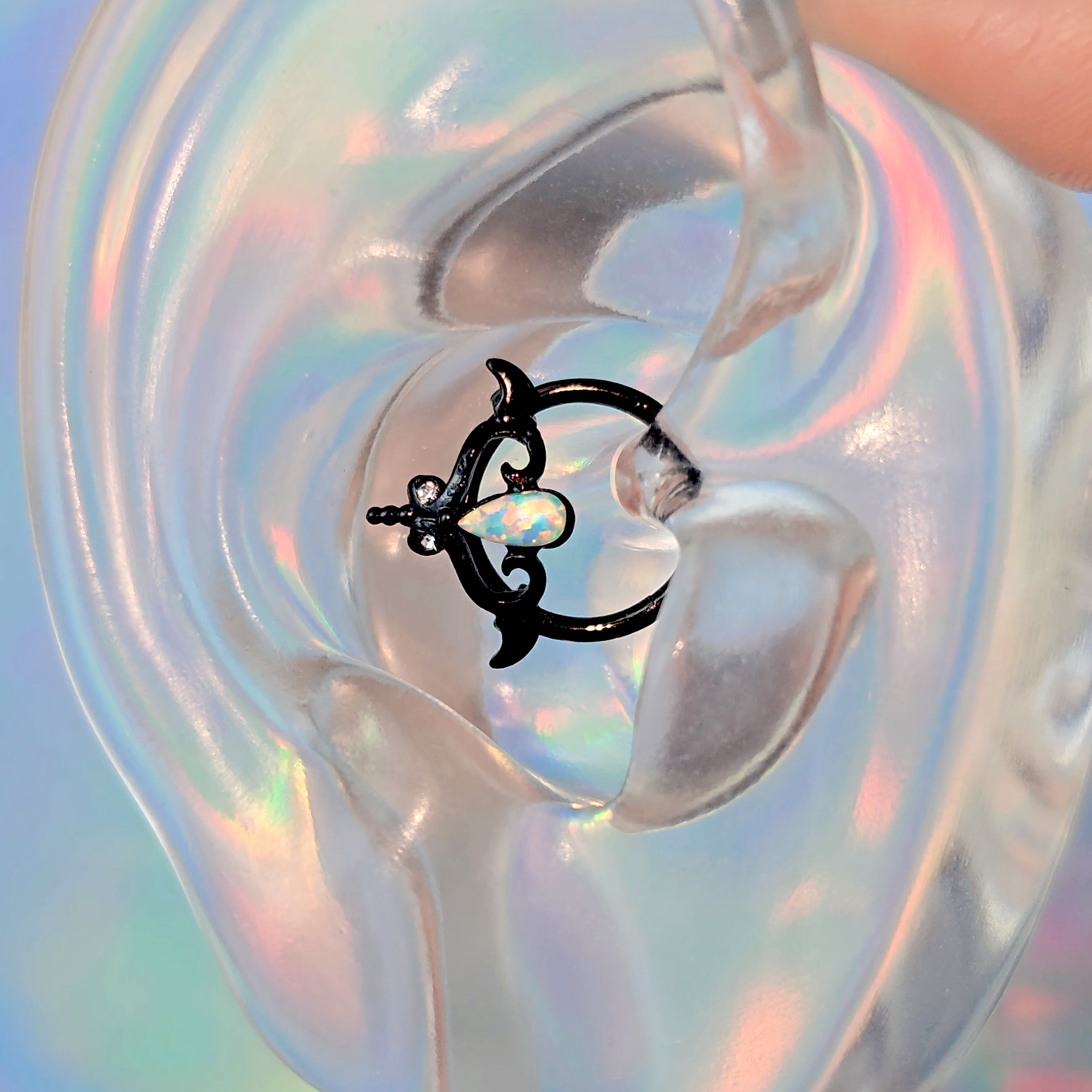 16G 3/8 White Synthetic Opal Black Wings Hinged Segment Ring