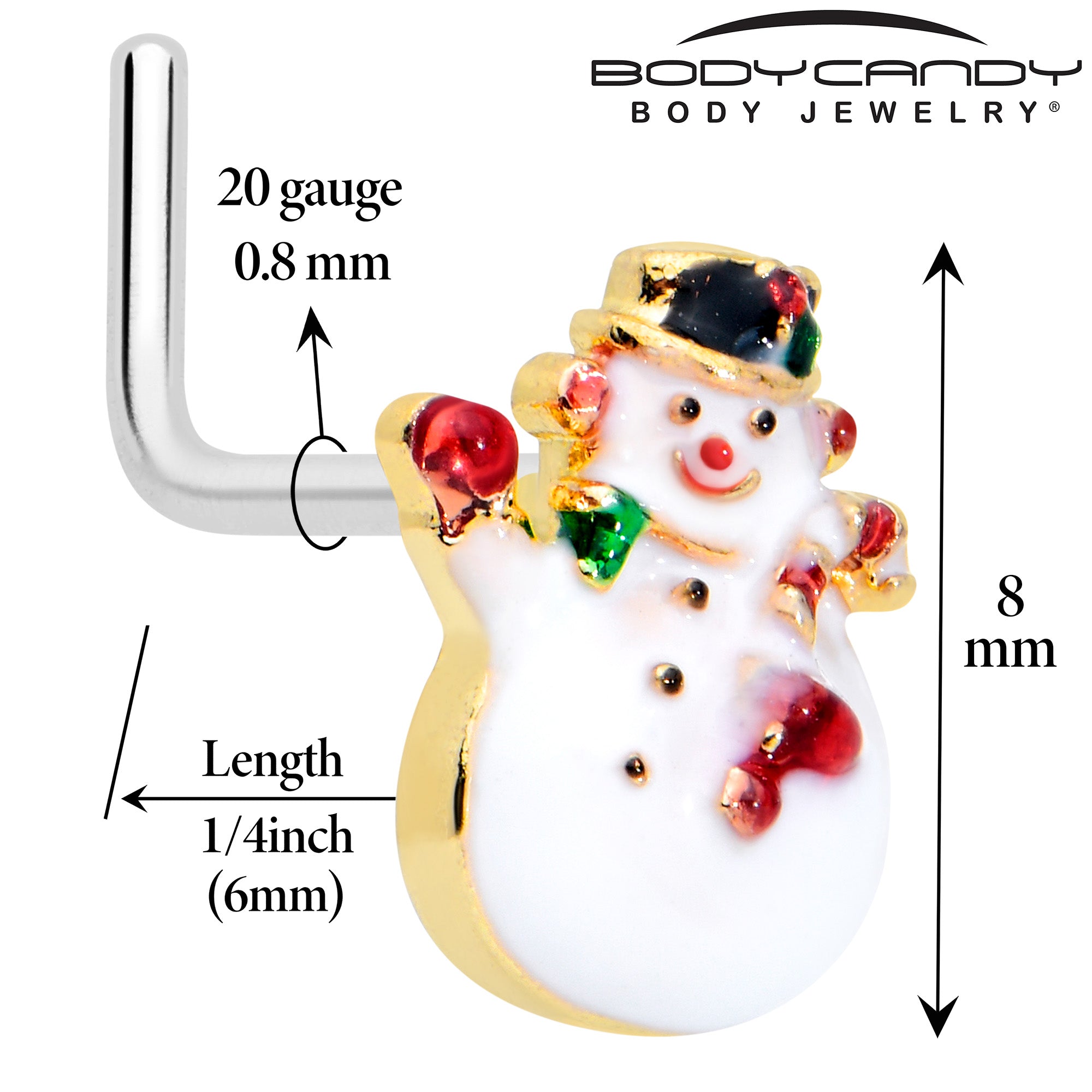 Golden waving snowman nose ring red gem L shape 20 gauge