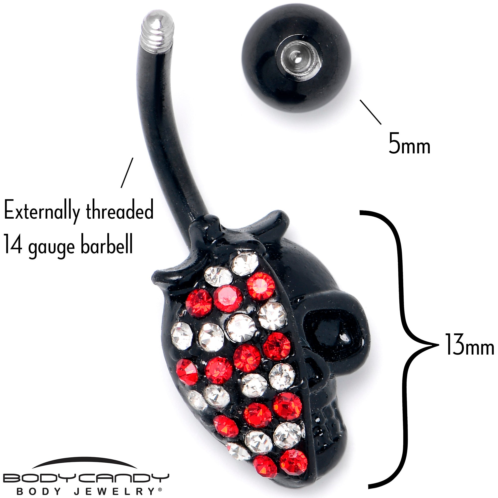 Red Clear Gem Black Skull Halloween Belly Ring