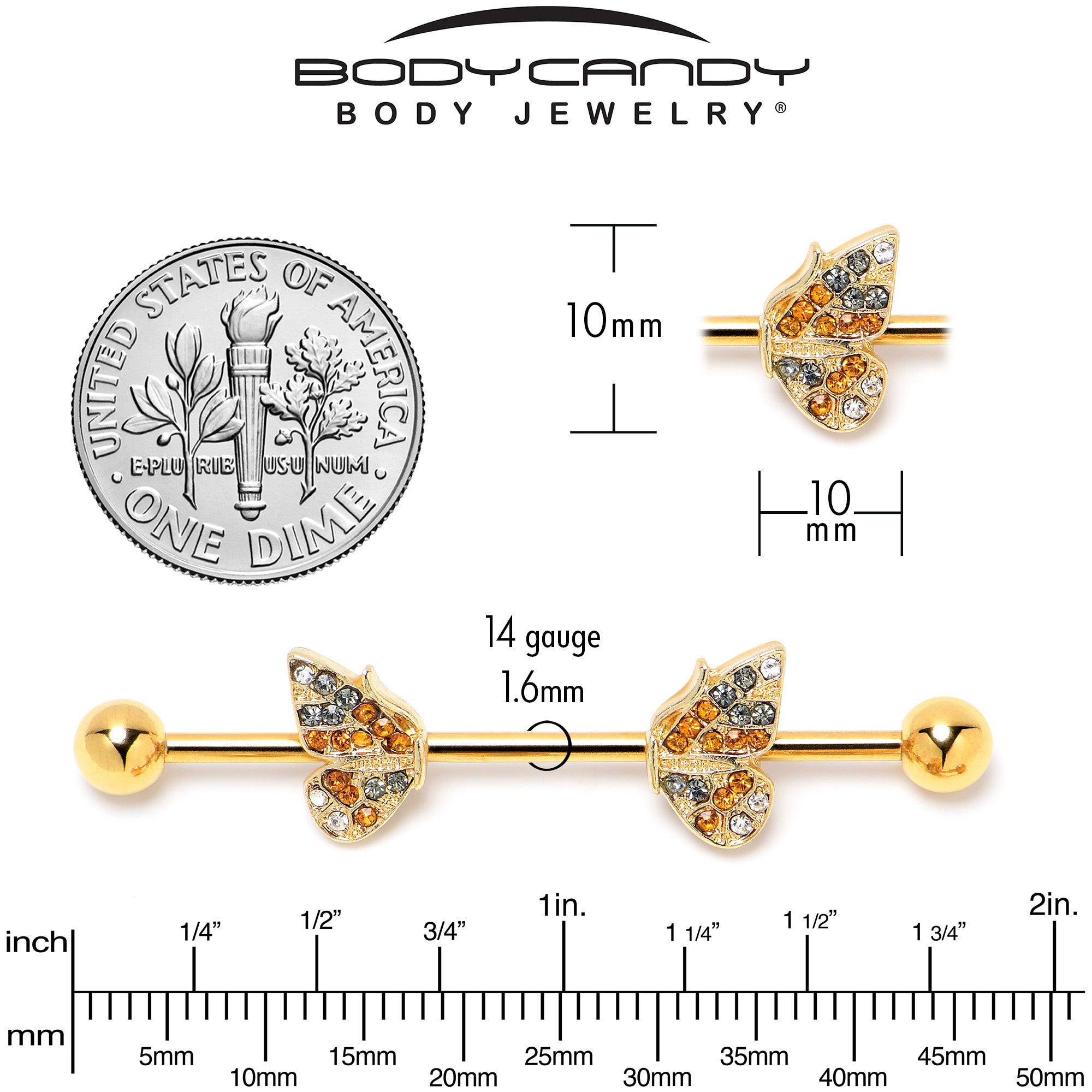 14G Orange Gem Gold Tone Butterfly Wings Industrial Barbell 38mm