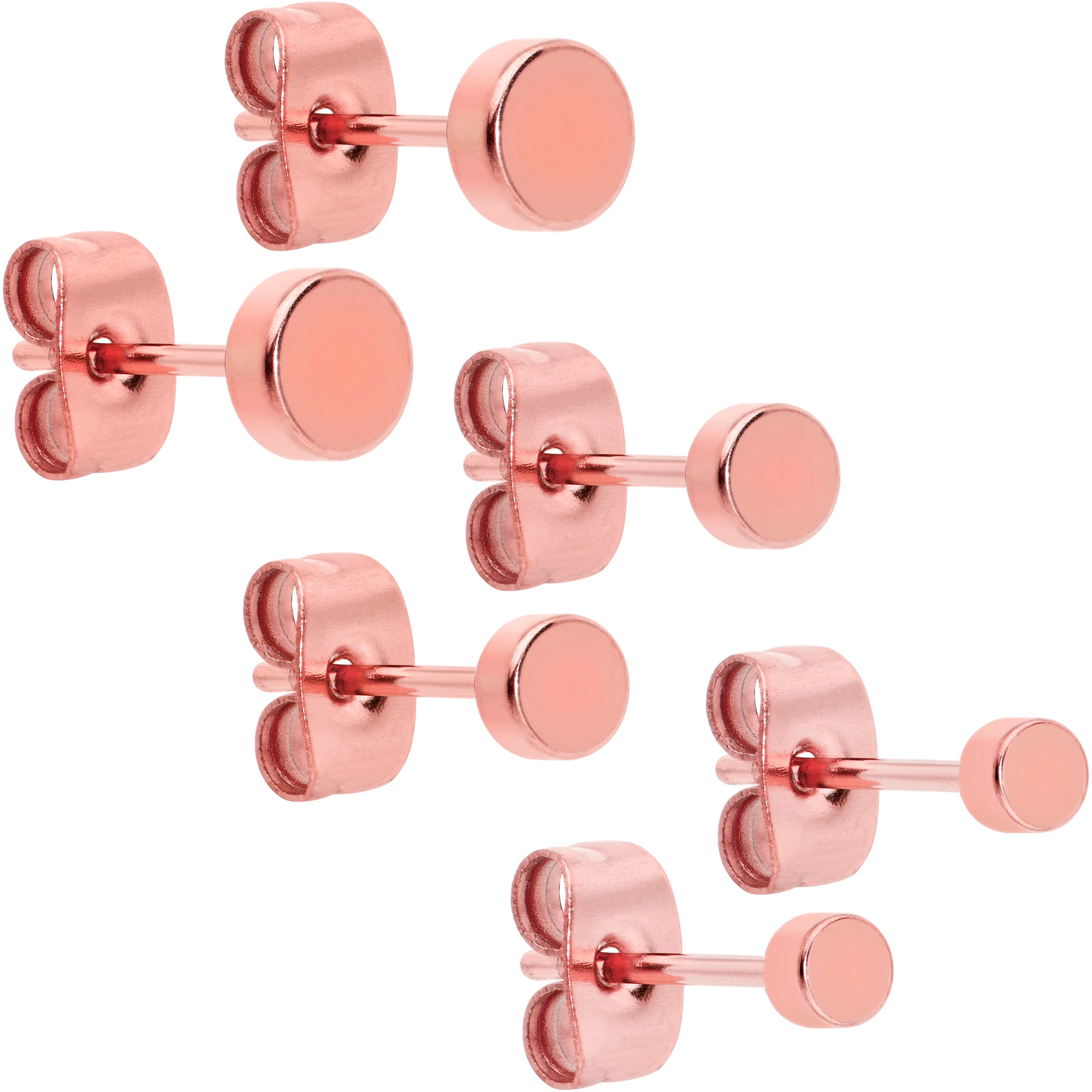 20G Rose Gold PVD Stainless Steel Flat Disc Stud Earrings Set of 6