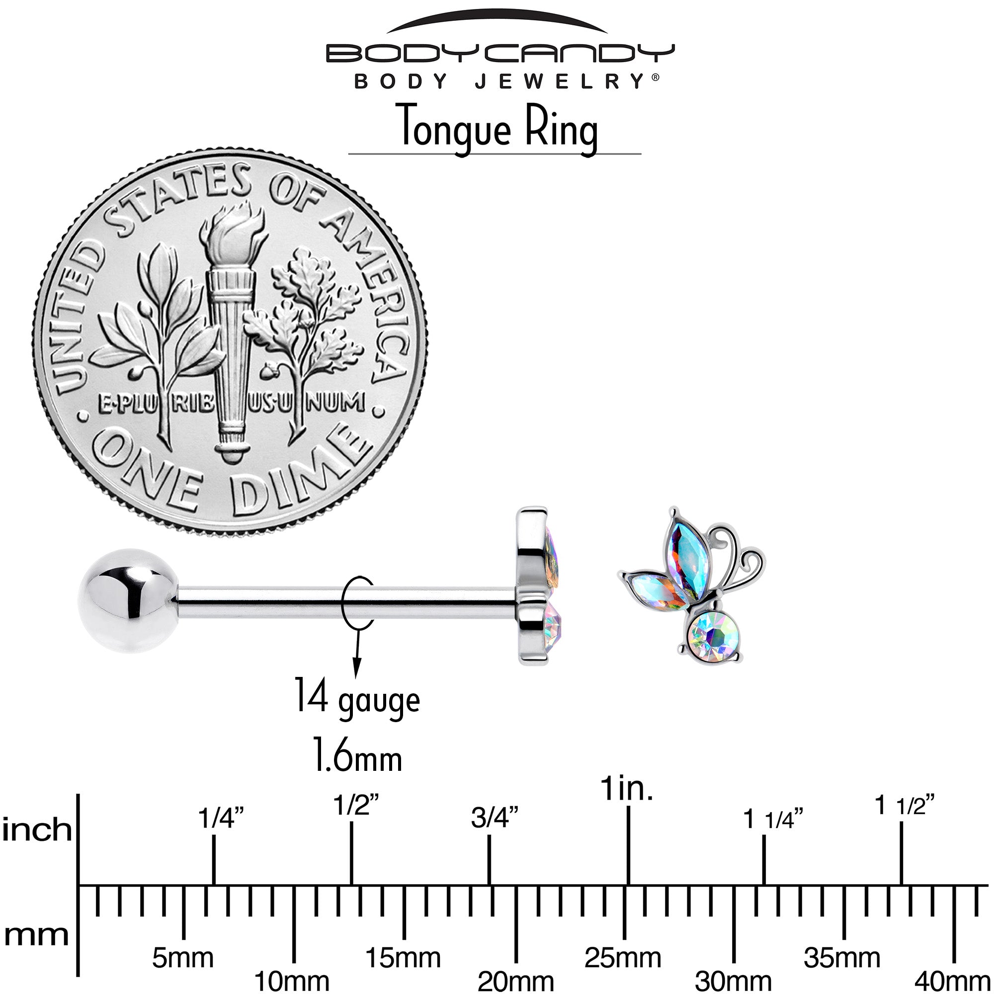 Aurora Gem Fleur de Lis Butterfly Barbell Tongue Ring