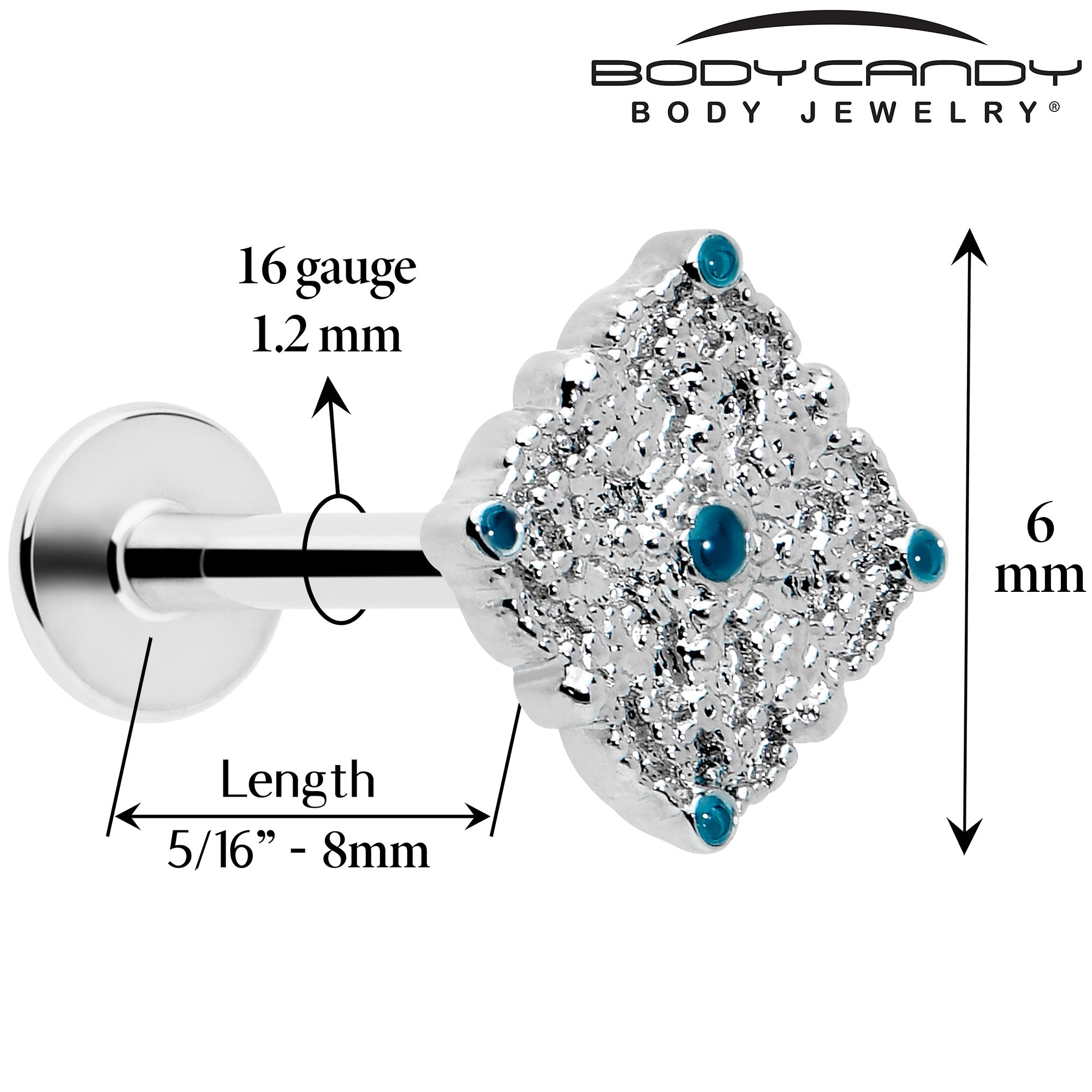 16g blue embellished rhombus tragus labret monroe 5/16