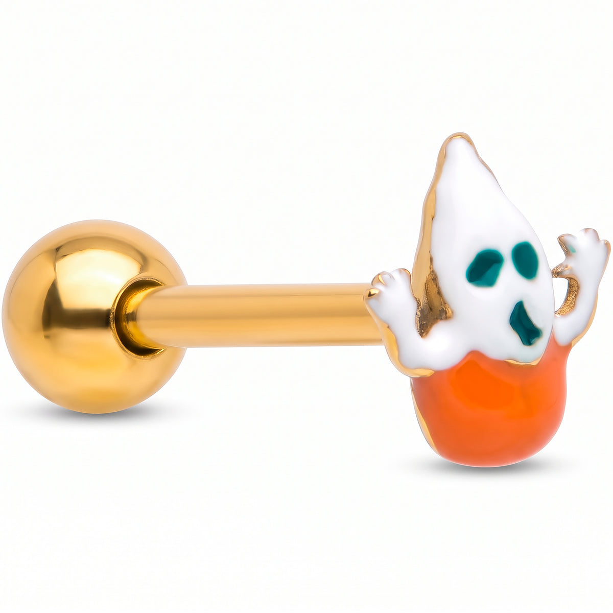 Gold Tone Pumpkin Haunter Ghost Barbell Tongue Ring