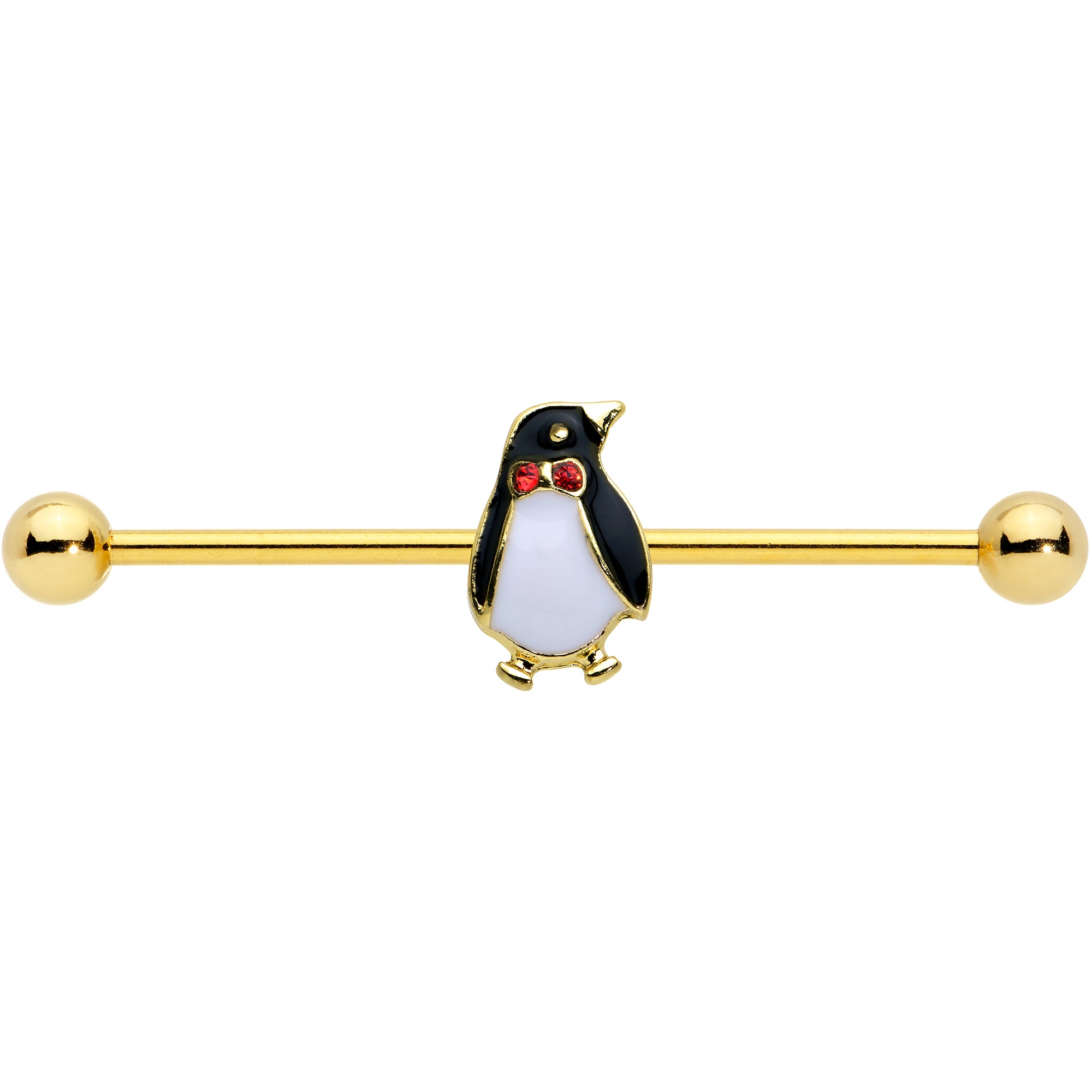 Red Gem Gold Tone Bow Tie Penguin Industrial Barbell 14 Gauge 38mm