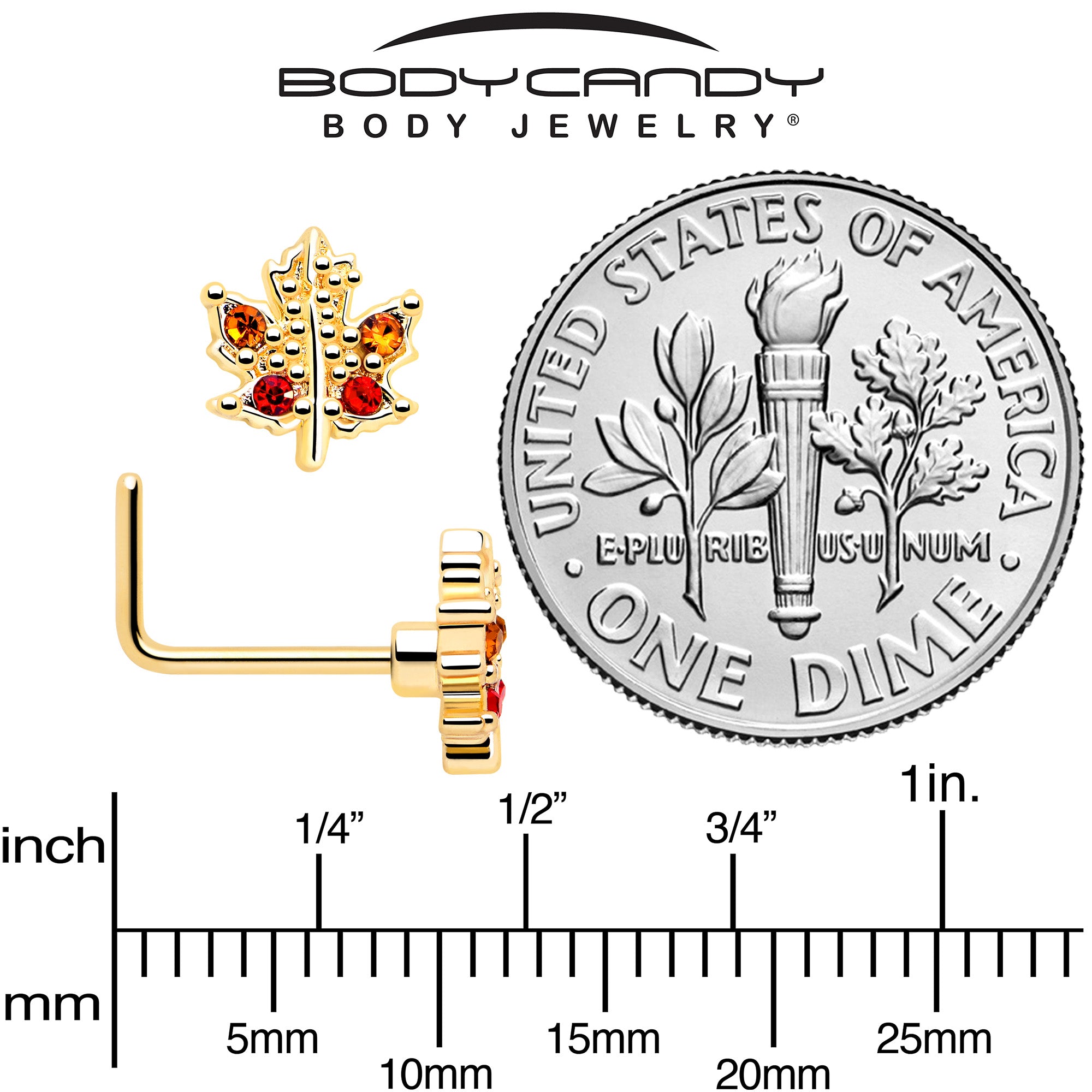 20G 7mm Red Yellow Gem Gold Tone Maple Leaf L Shape Nose Ring