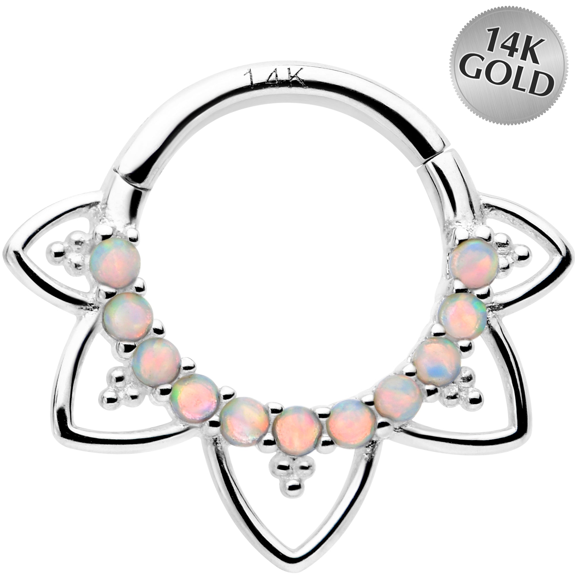 16G 5/16 White Synthetic Opal 14k White Gold Filigree Hinged Segment Ring