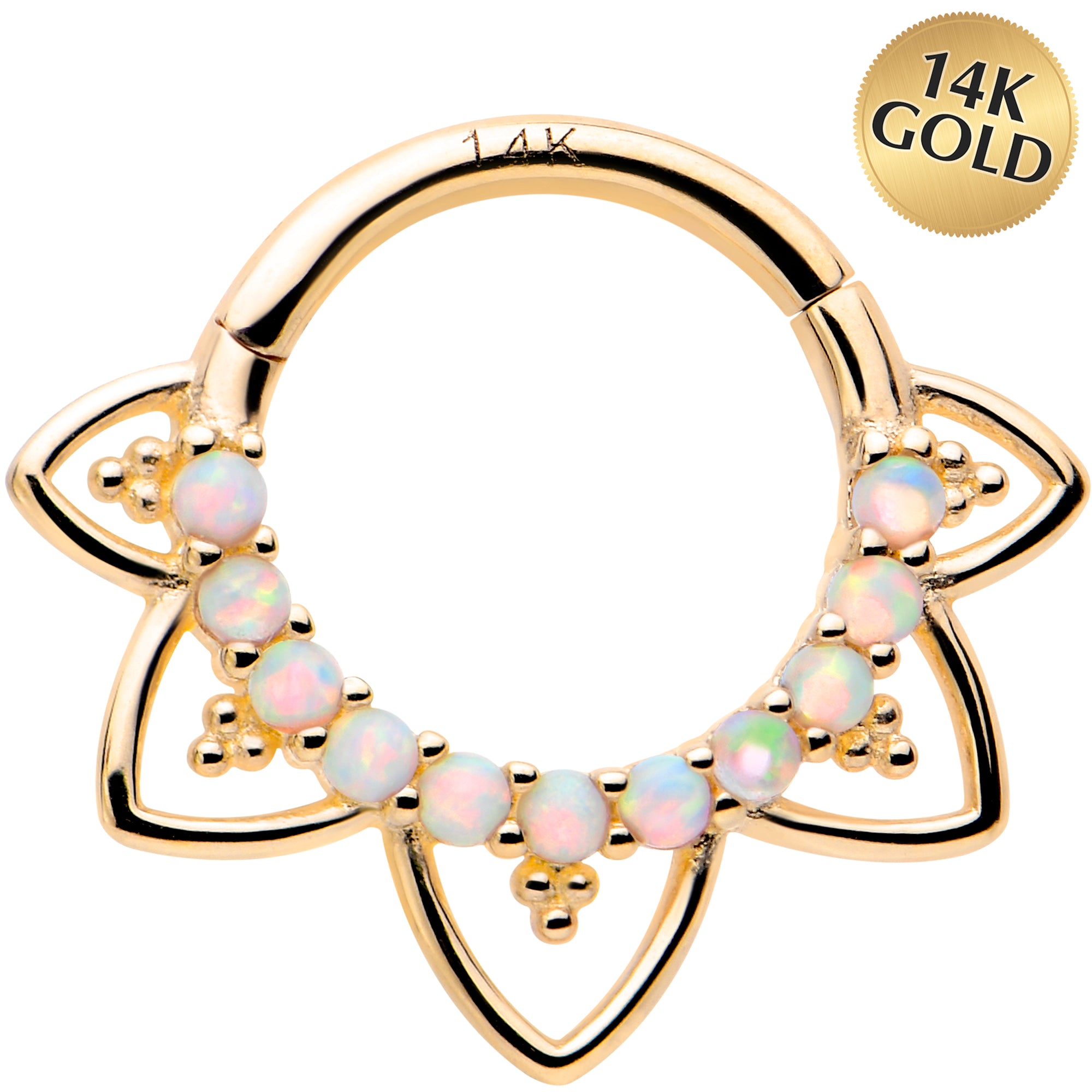 16G 5/16 White Synthetic Opal 14k Yellow Gold Filigree Hinged Segment Ring