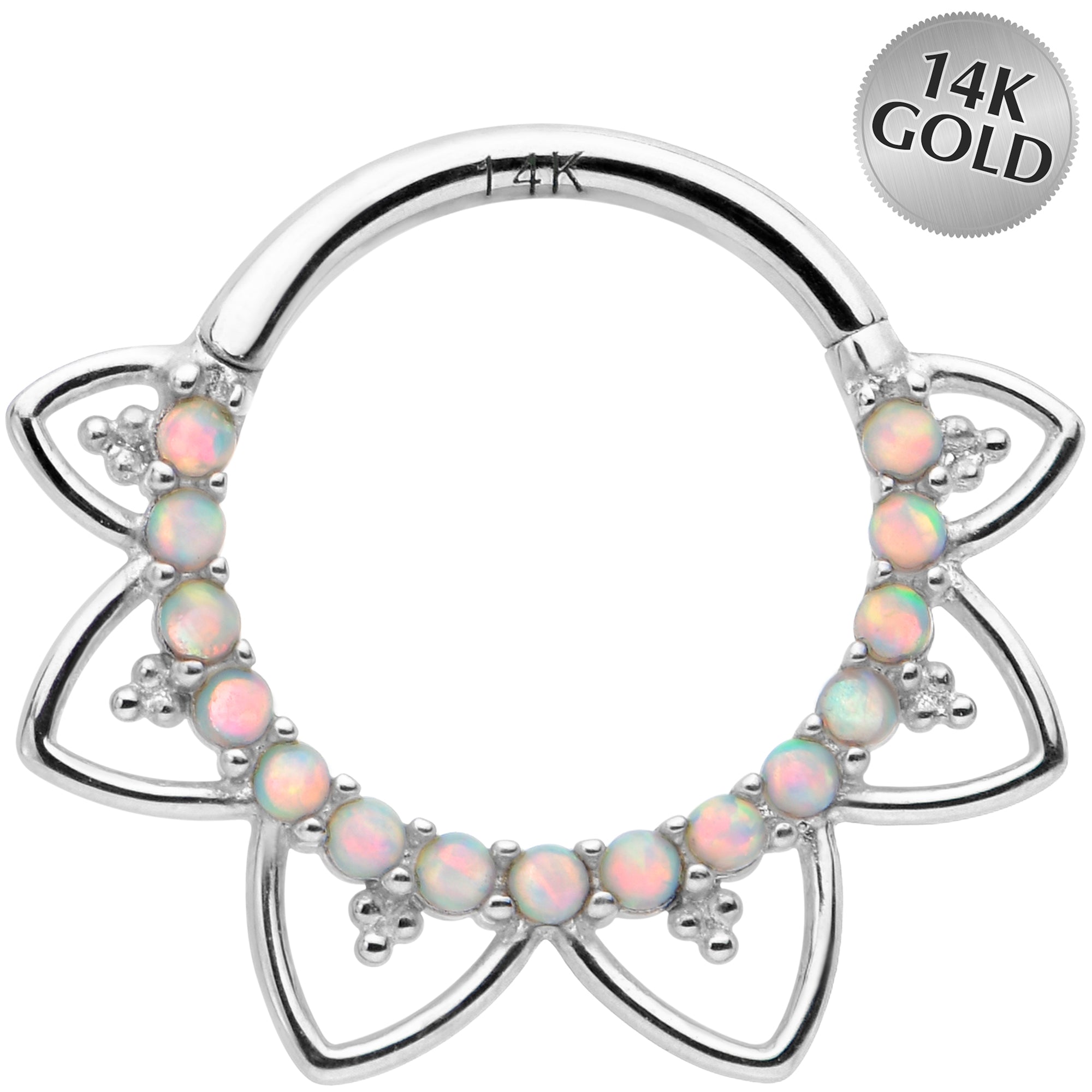 16G 3/8 White Synthetic Opal 14k White Gold Filigree Hinged Segment Ring