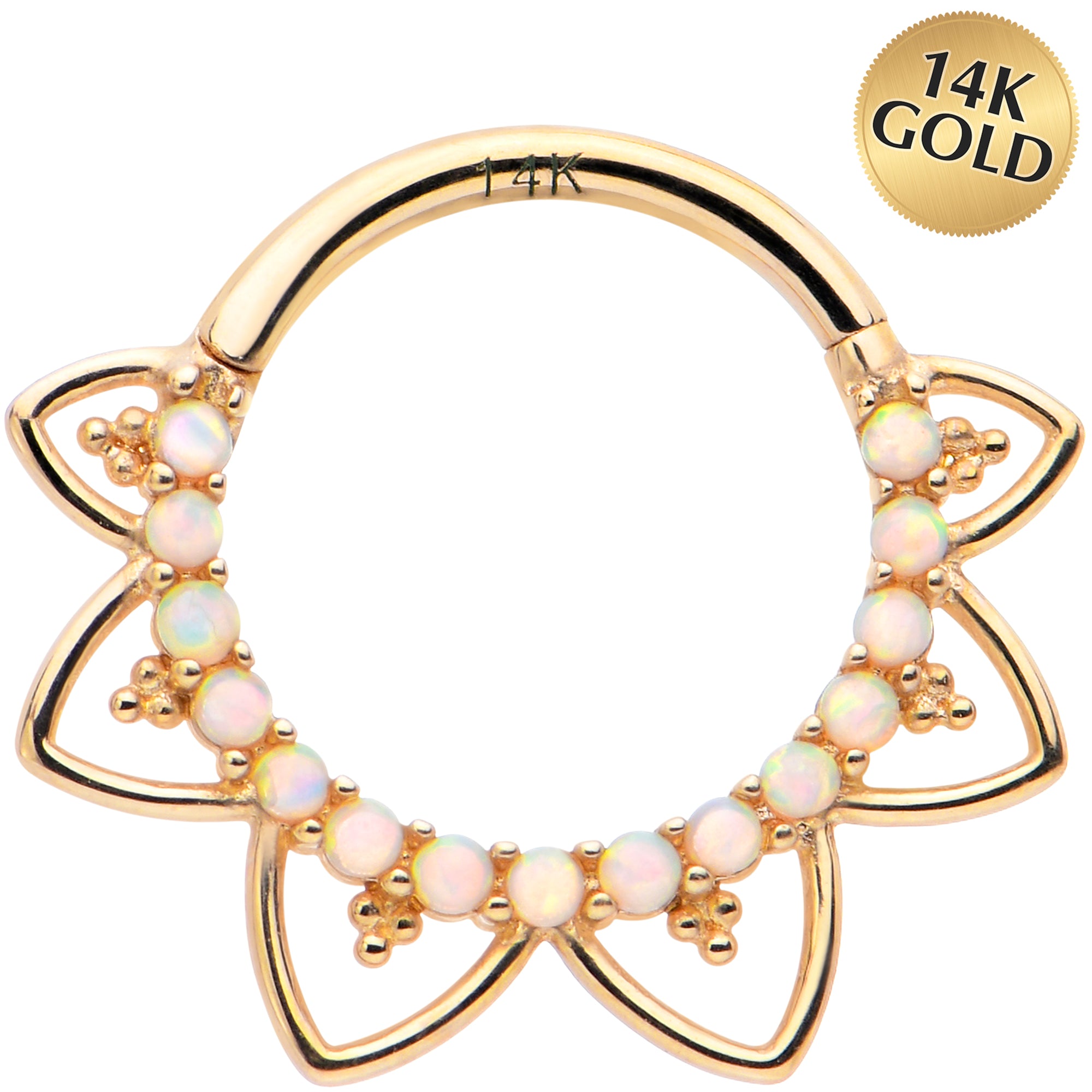 16G 3/8 White Synthetic Opal 14k Yellow Gold Filigree Hinged Segment Ring