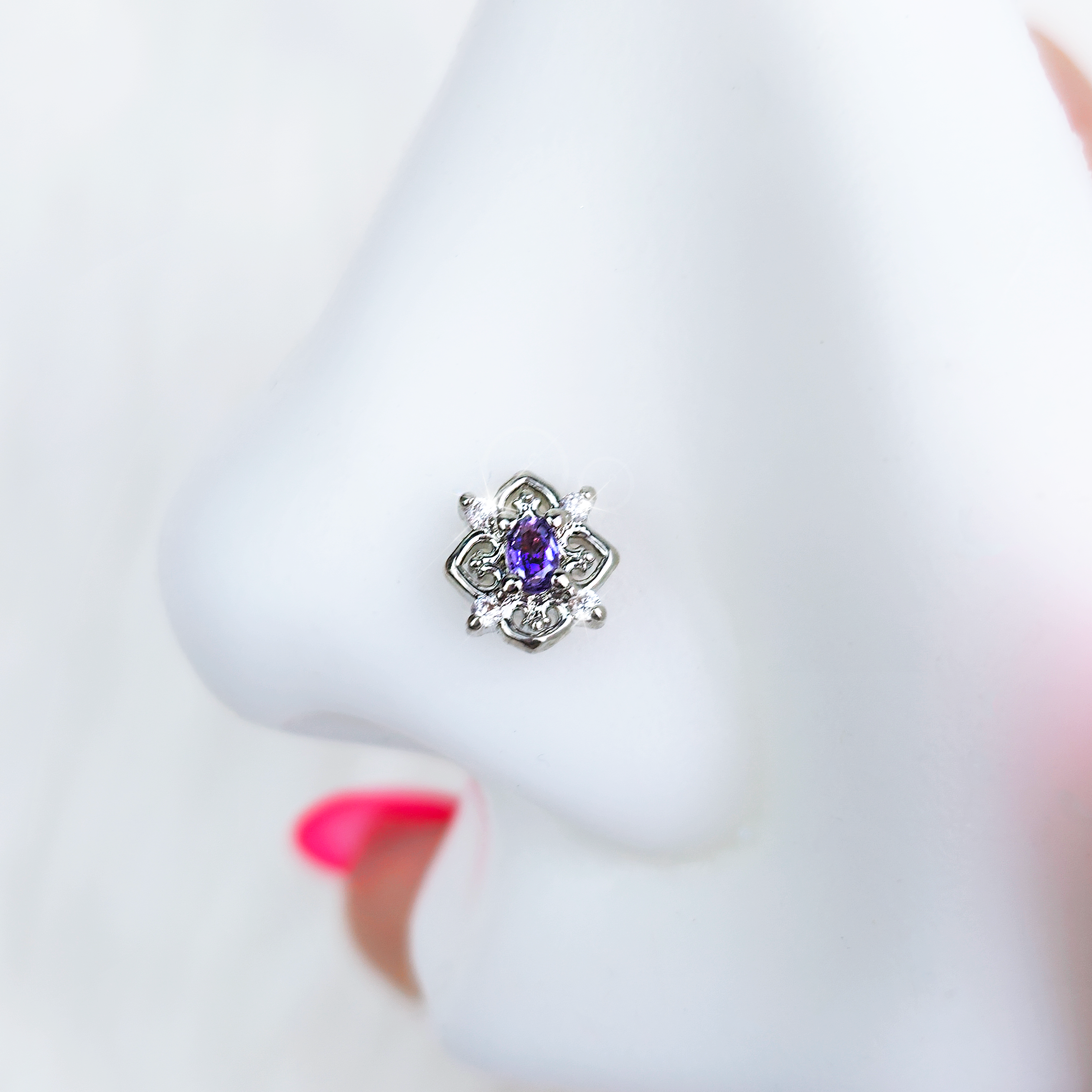 20G 7mm Purple Gem Lace Look Hearts L Shape Nose Ring