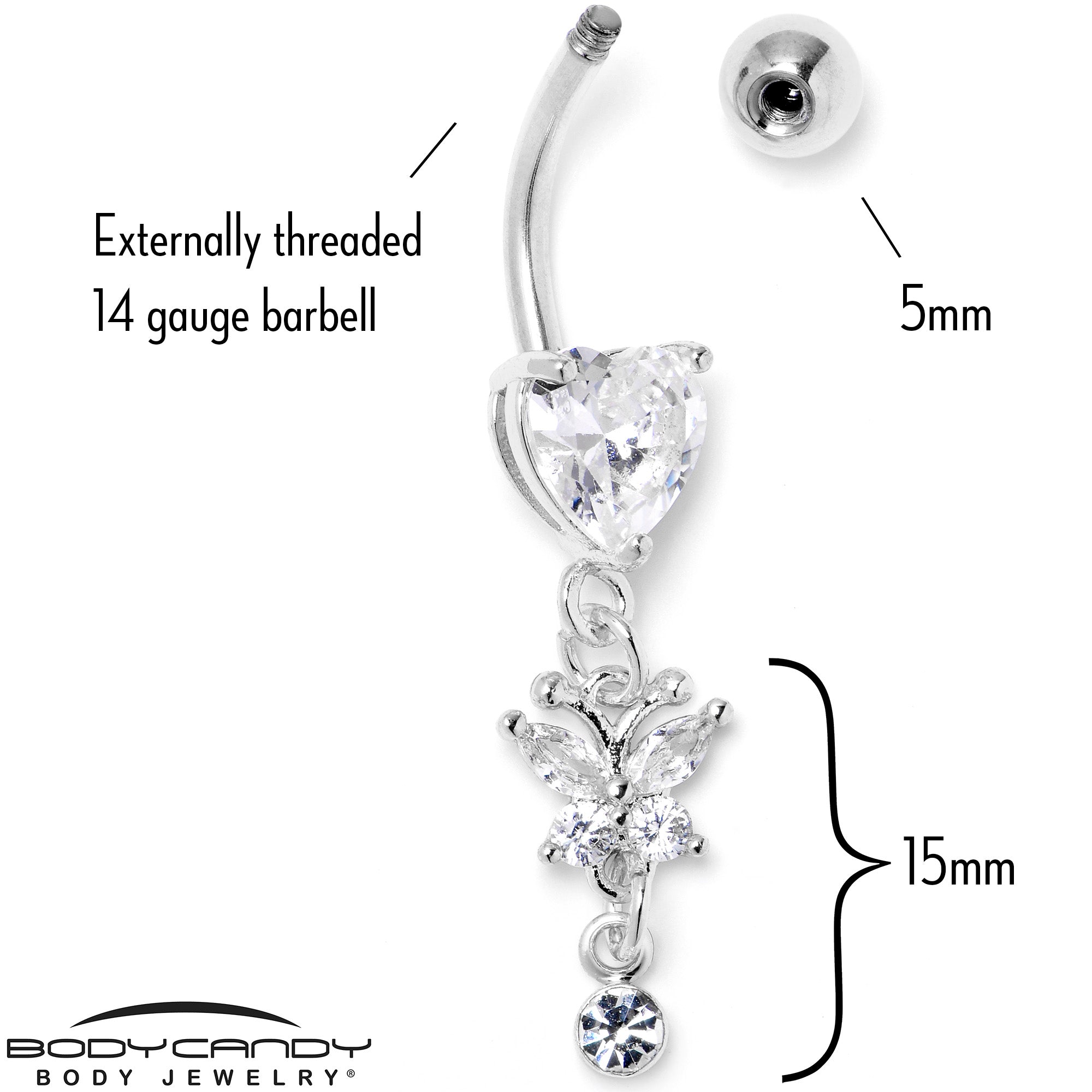 Clear CZ Gem Heart For Butterfly Dangle Belly Ring