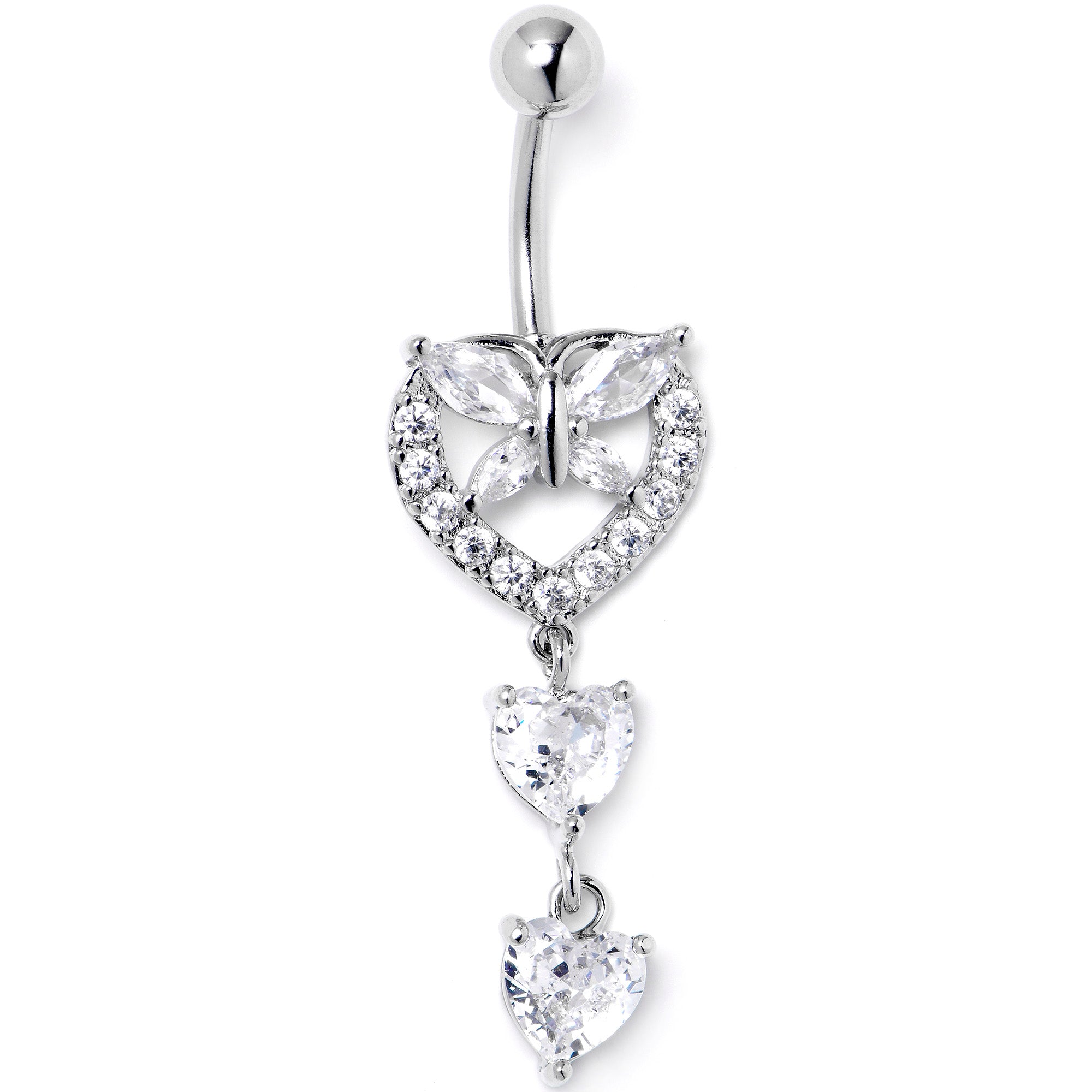 Clear CZ Gem Butterfly Hearts of Love Dangle Belly Ring