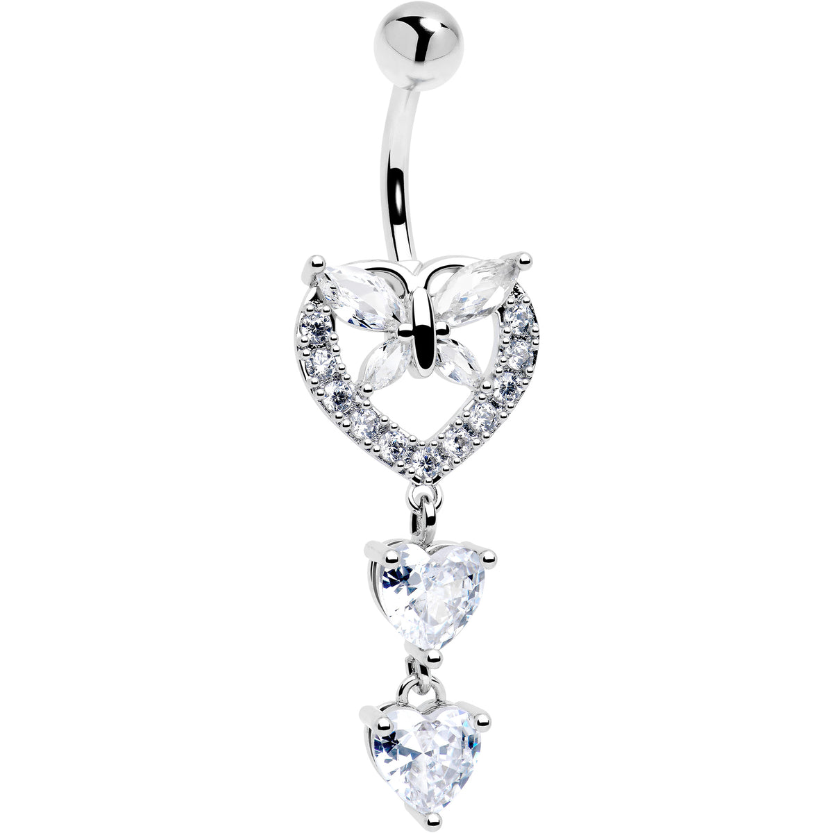 Clear CZ Gem Butterfly Hearts of Love Dangle Belly Ring
