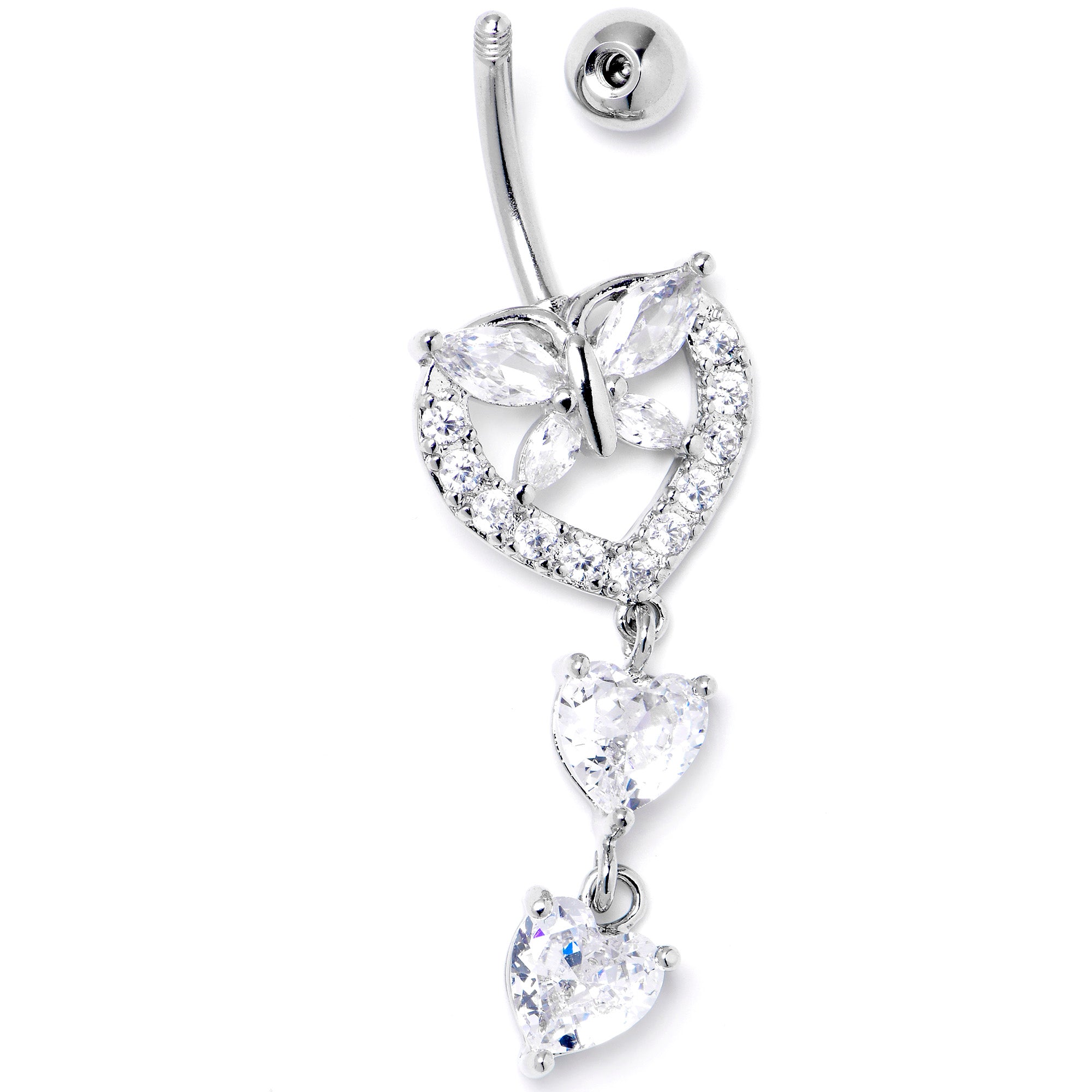 Clear CZ Gem Butterfly Hearts of Love Dangle Belly Ring
