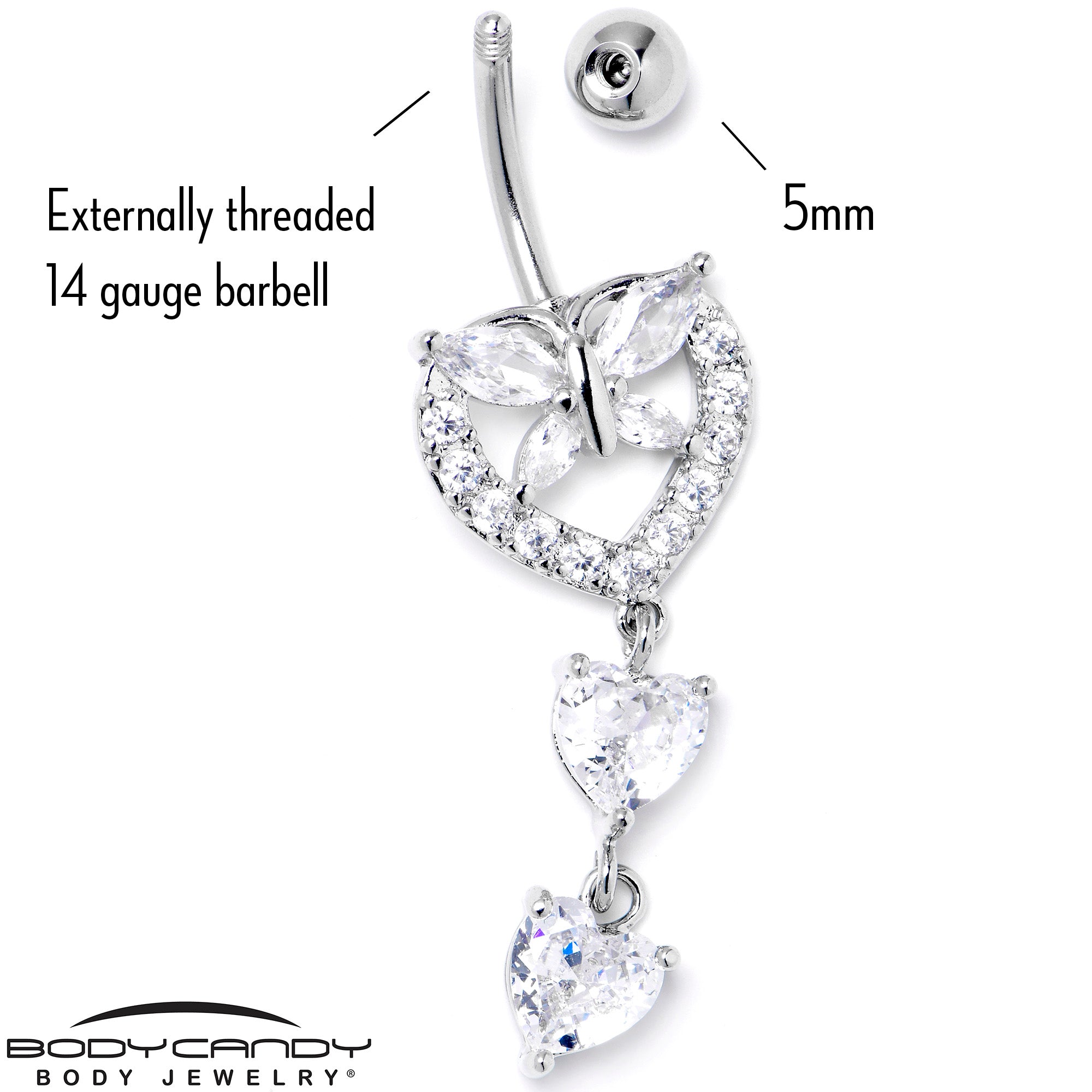 Clear CZ Gem Butterfly Hearts of Love Dangle Belly Ring