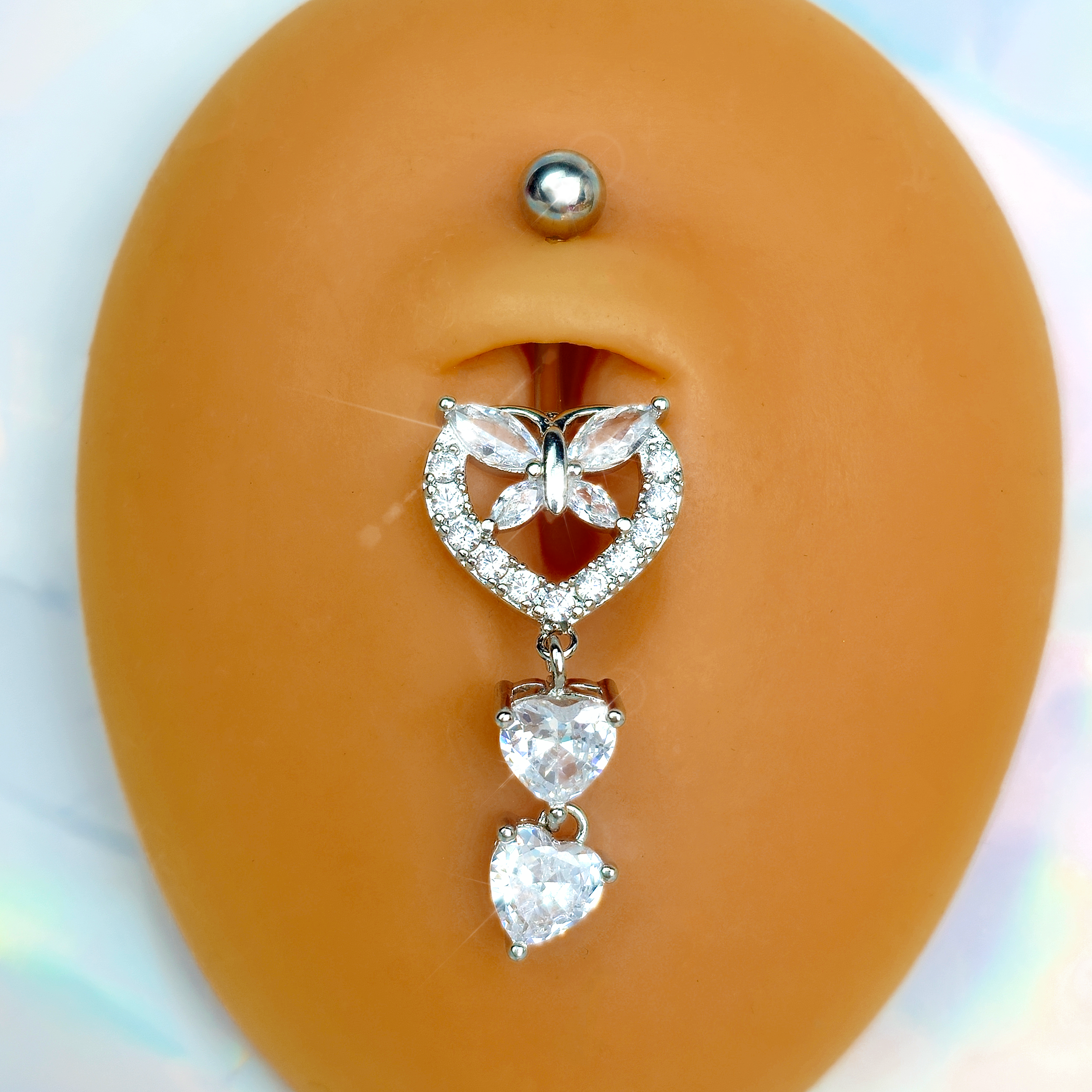 Clear CZ Gem Butterfly Hearts of Love Dangle Belly Ring