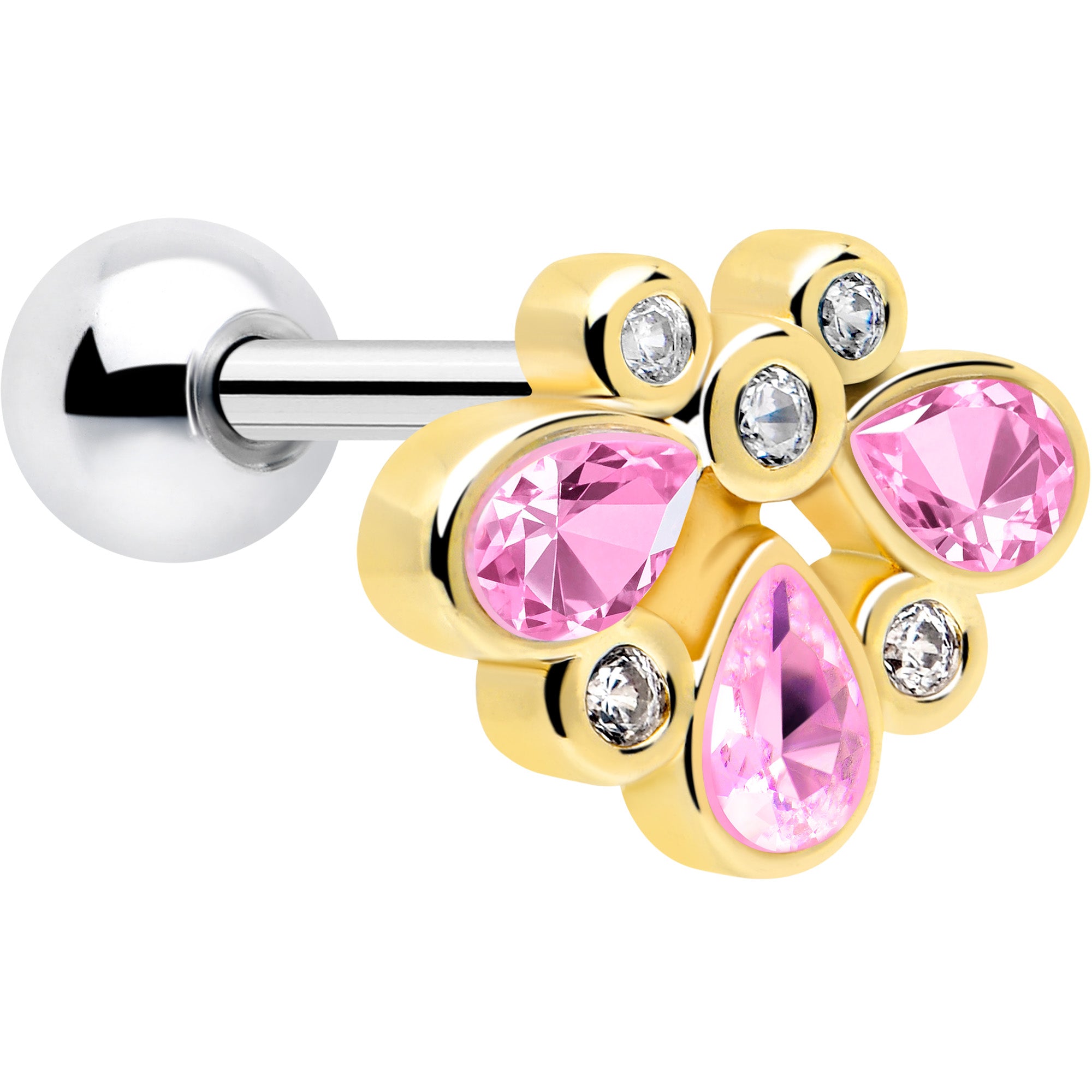16G 1/4 Pink Gem Golden Crown Deluxe Cartilage Tragus Earring