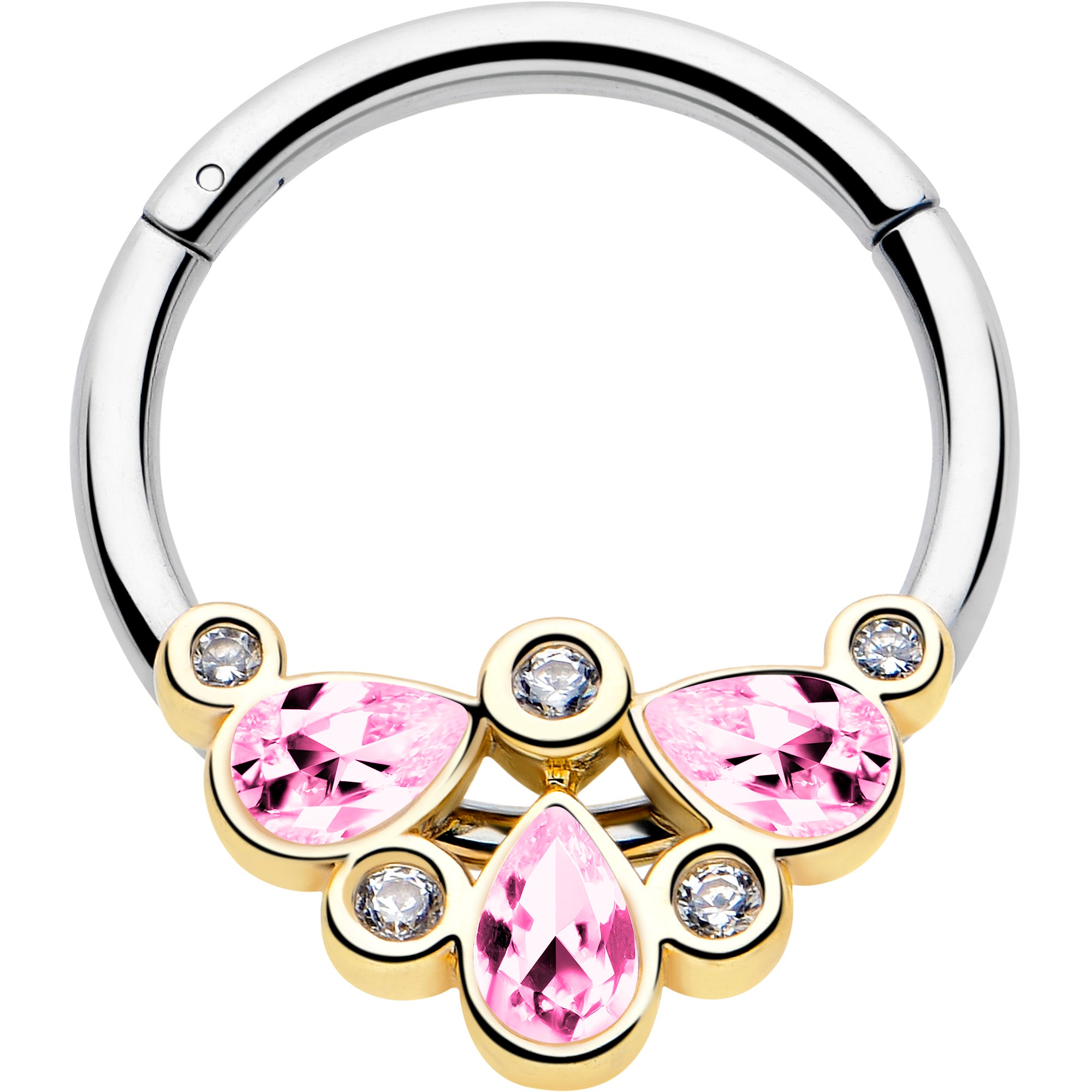 16G 3/8 Pink Gem Golden Crown Deluxe Hinged Segment Ring