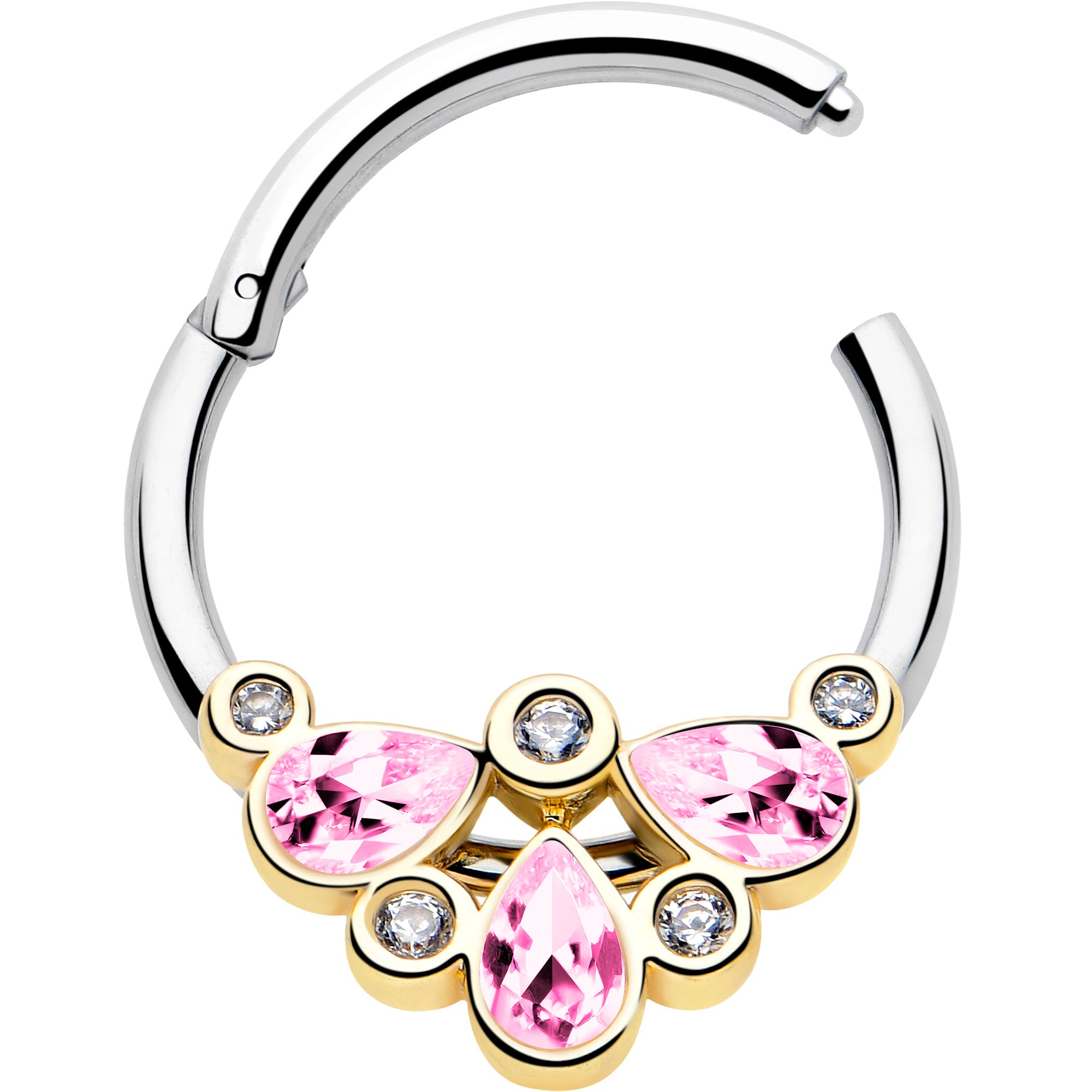 16G 3/8 Pink Gem Golden Crown Deluxe Hinged Segment Ring