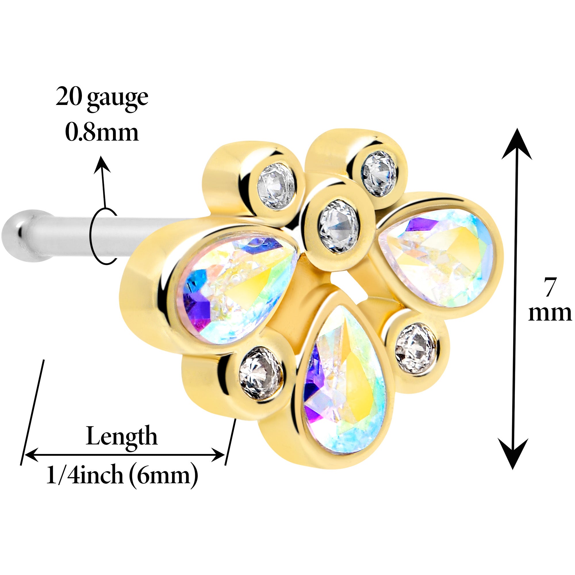20G 1/4 Aurora Gem Golden Crown Deluxe Nose Bone
