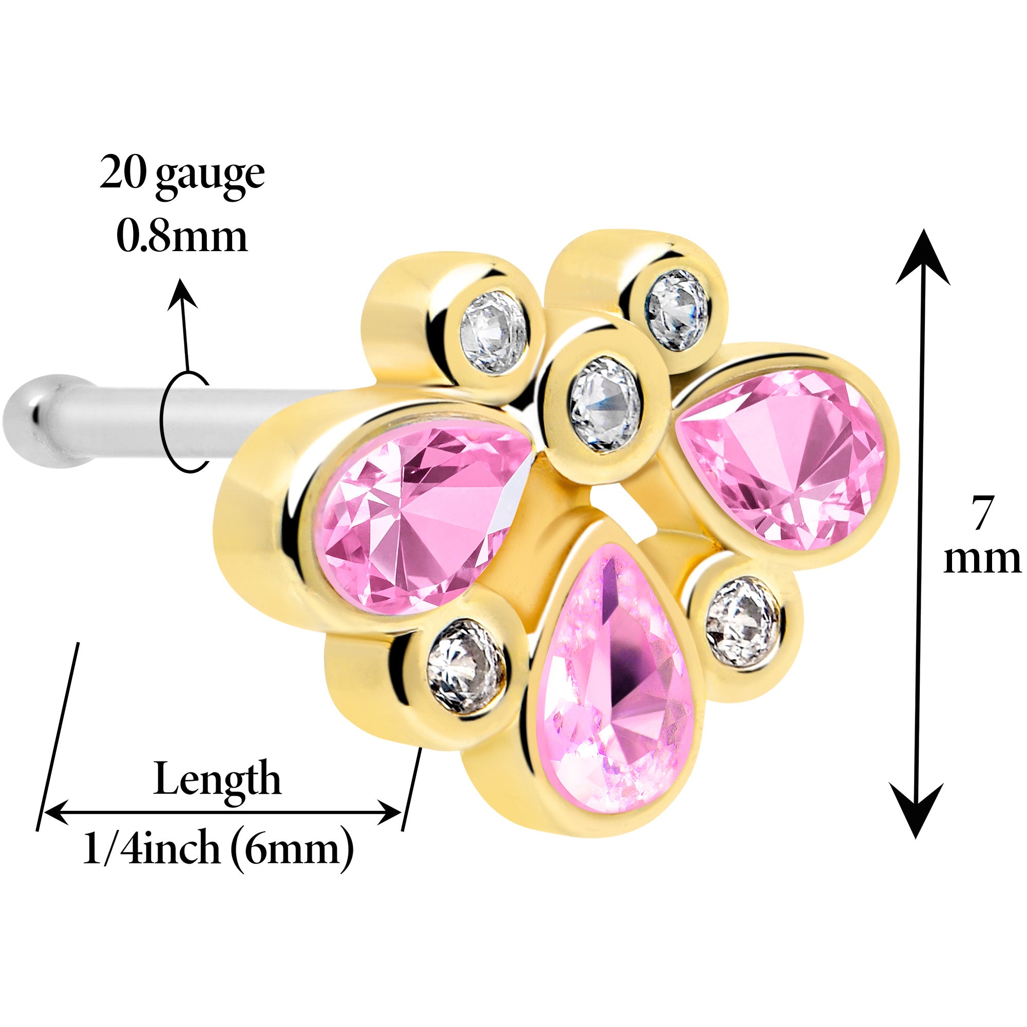 20G 1/4 Pink Gem Golden Crown Deluxe Nose Bone