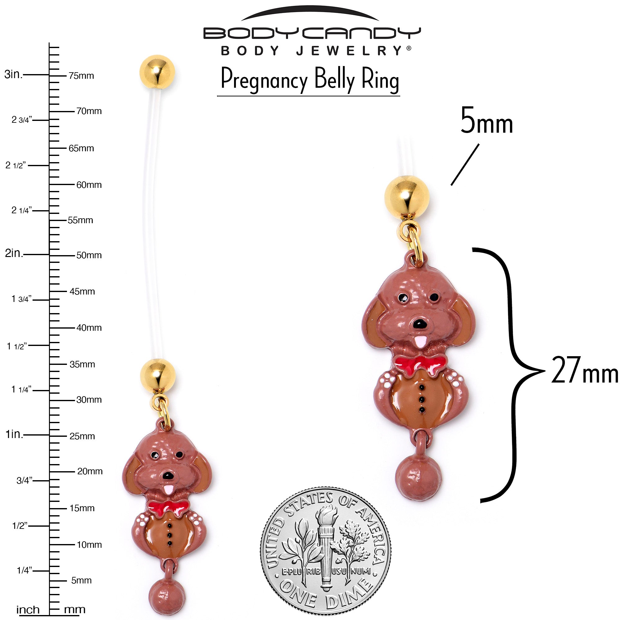 Brown Dog Red Bow Dangle PTFE Pregnancy Belly Ring