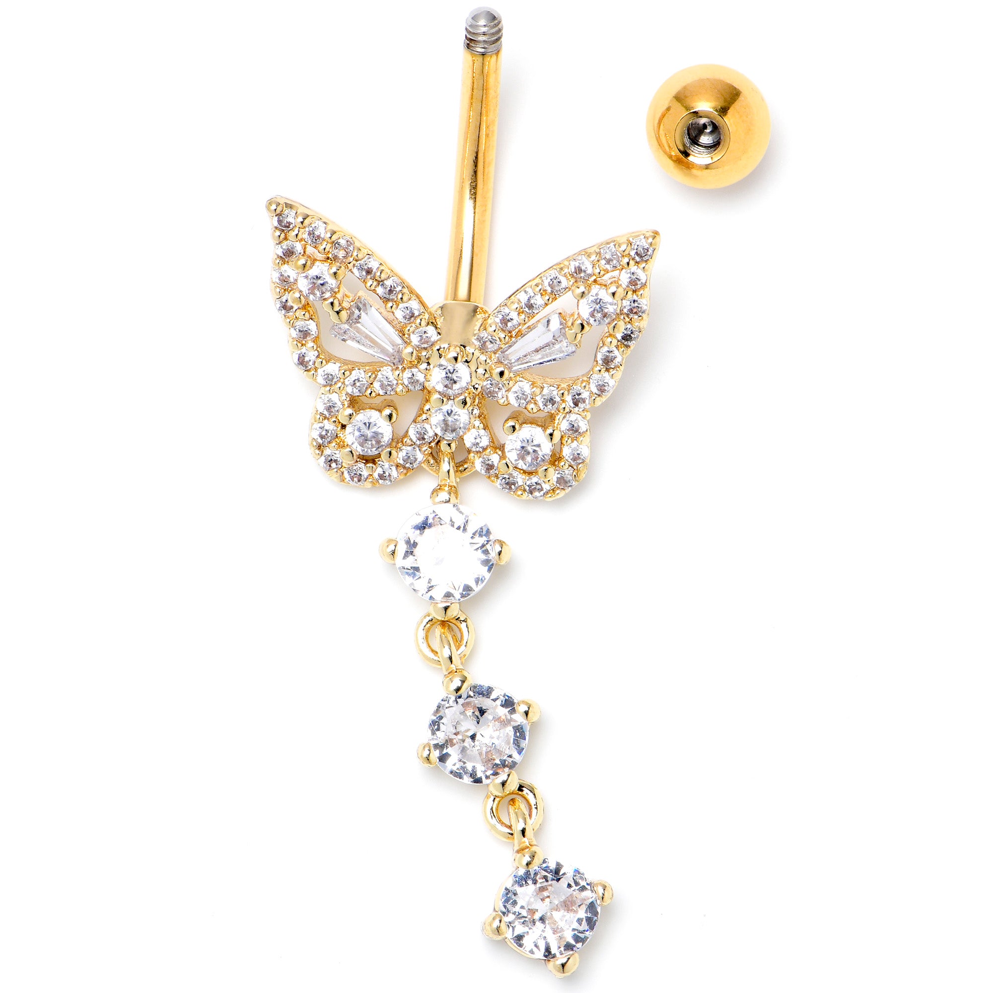 Clear CZ Gem Gold Tone Dramatic Butterfly Dangle Belly Ring