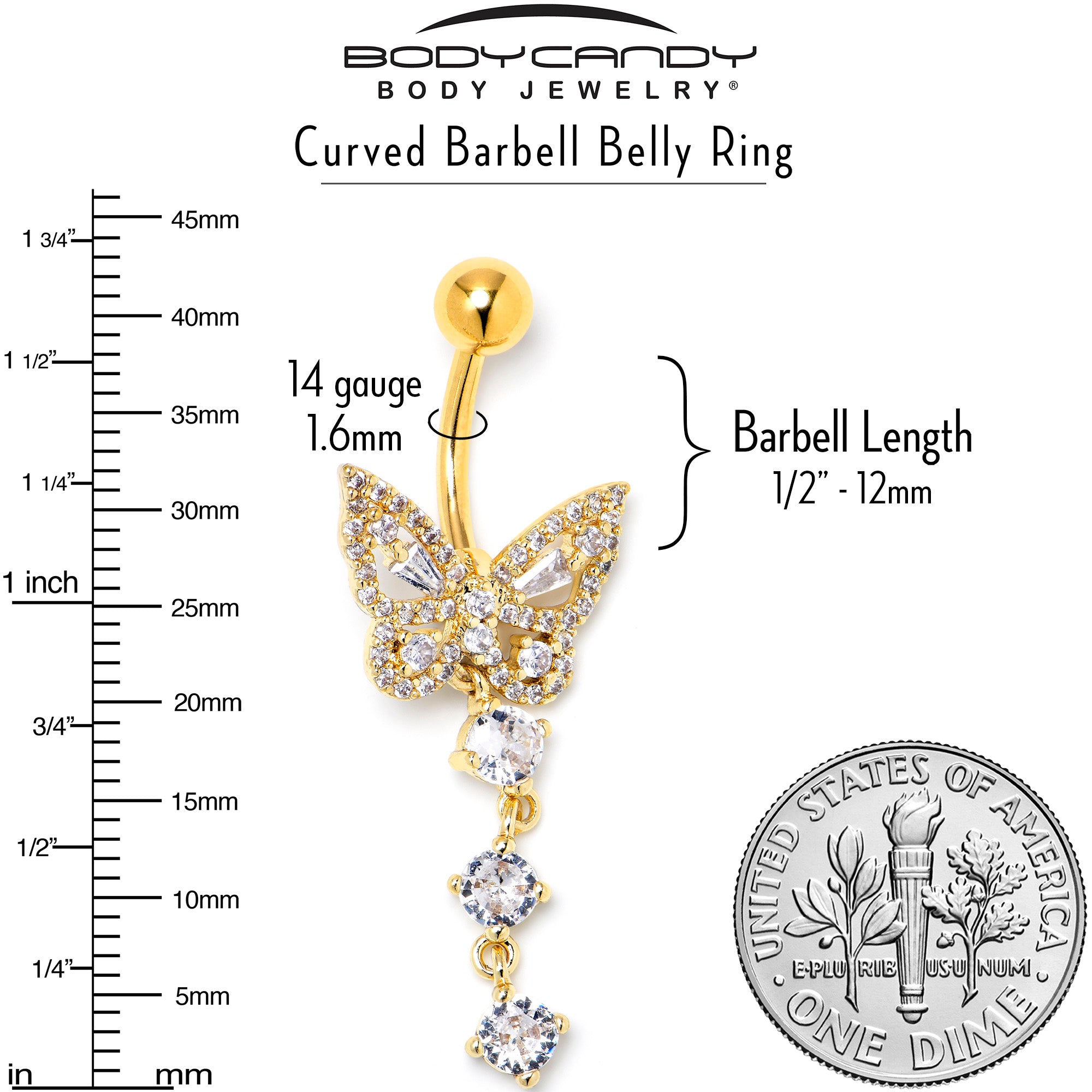 Clear CZ Gem Gold Tone Dramatic Butterfly Dangle Belly Ring