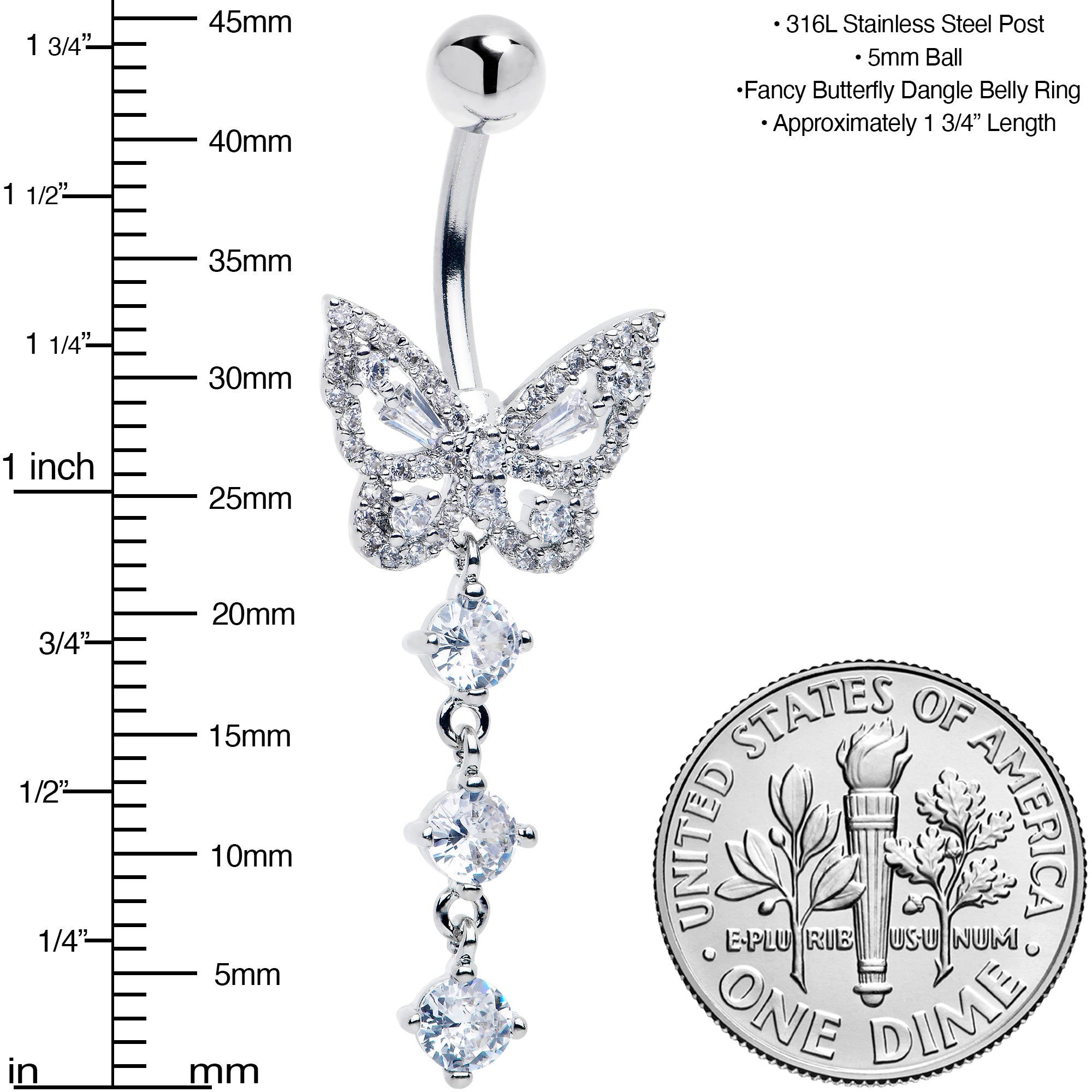 Clear Gem Dramatic Butterfly Dangle Belly Ring