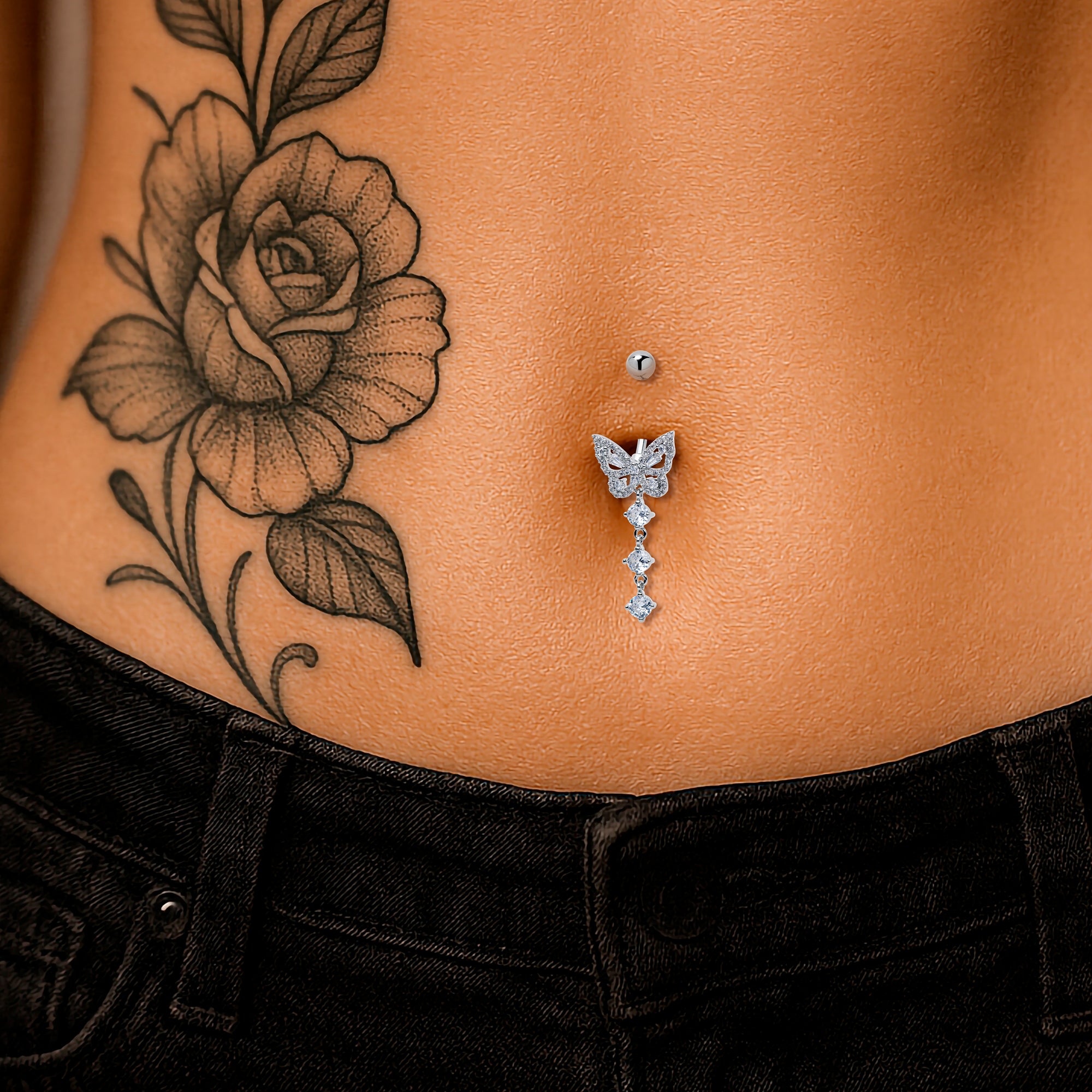 Clear Gem Dramatic Butterfly Dangle Belly Ring