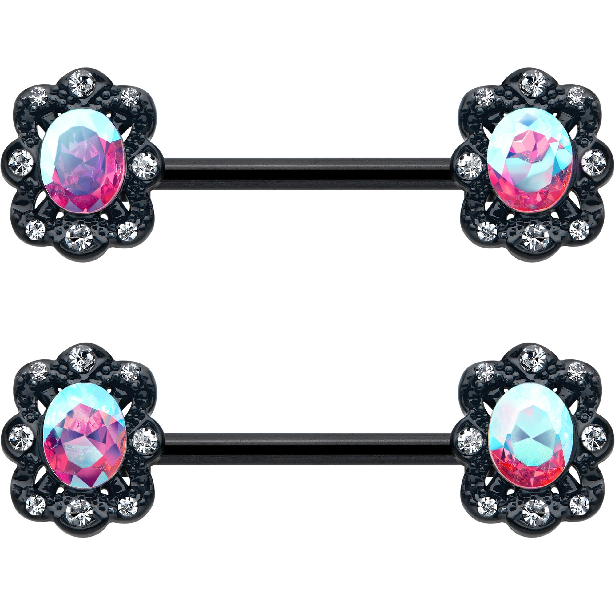 14G 9/16 Aurora Gem Black Filigree Fantasy Barbell Nipple Ring Set