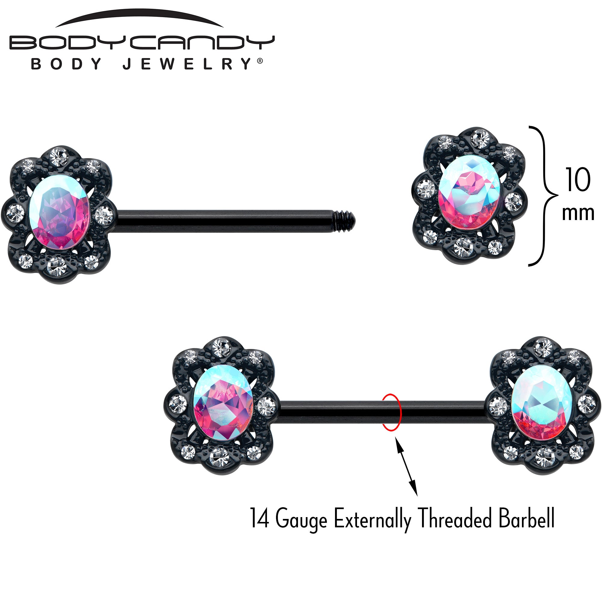 14G 9/16 Aurora Gem Black Filigree Fantasy Barbell Nipple Ring Set