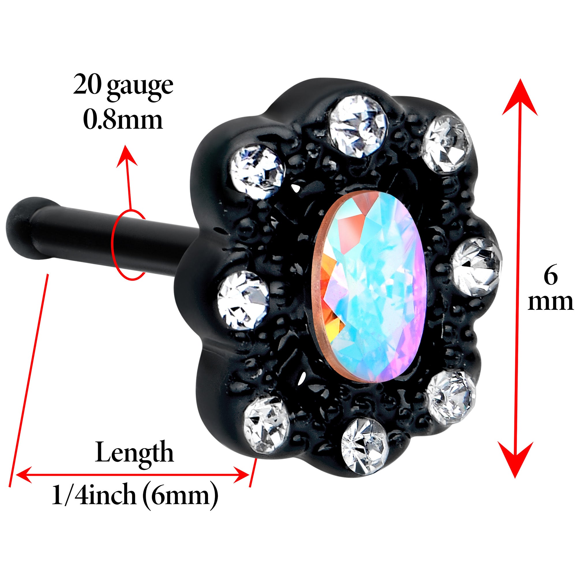 20G 1/4 Aurora Gem Black Filigree Fantasy Nose Bone