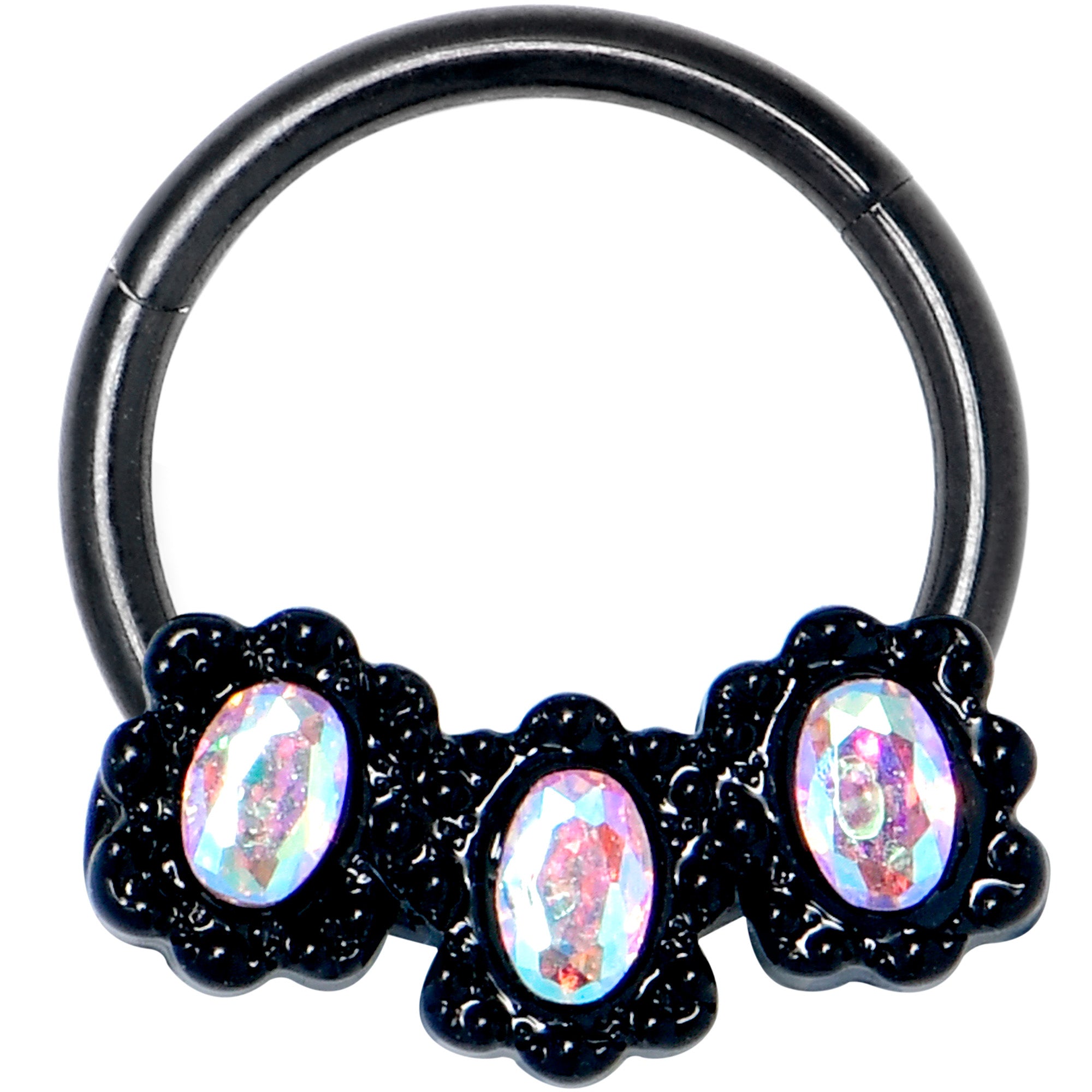 16G 3/8 Aurora Gem Black Magical Ovals Hinged Segment Ring