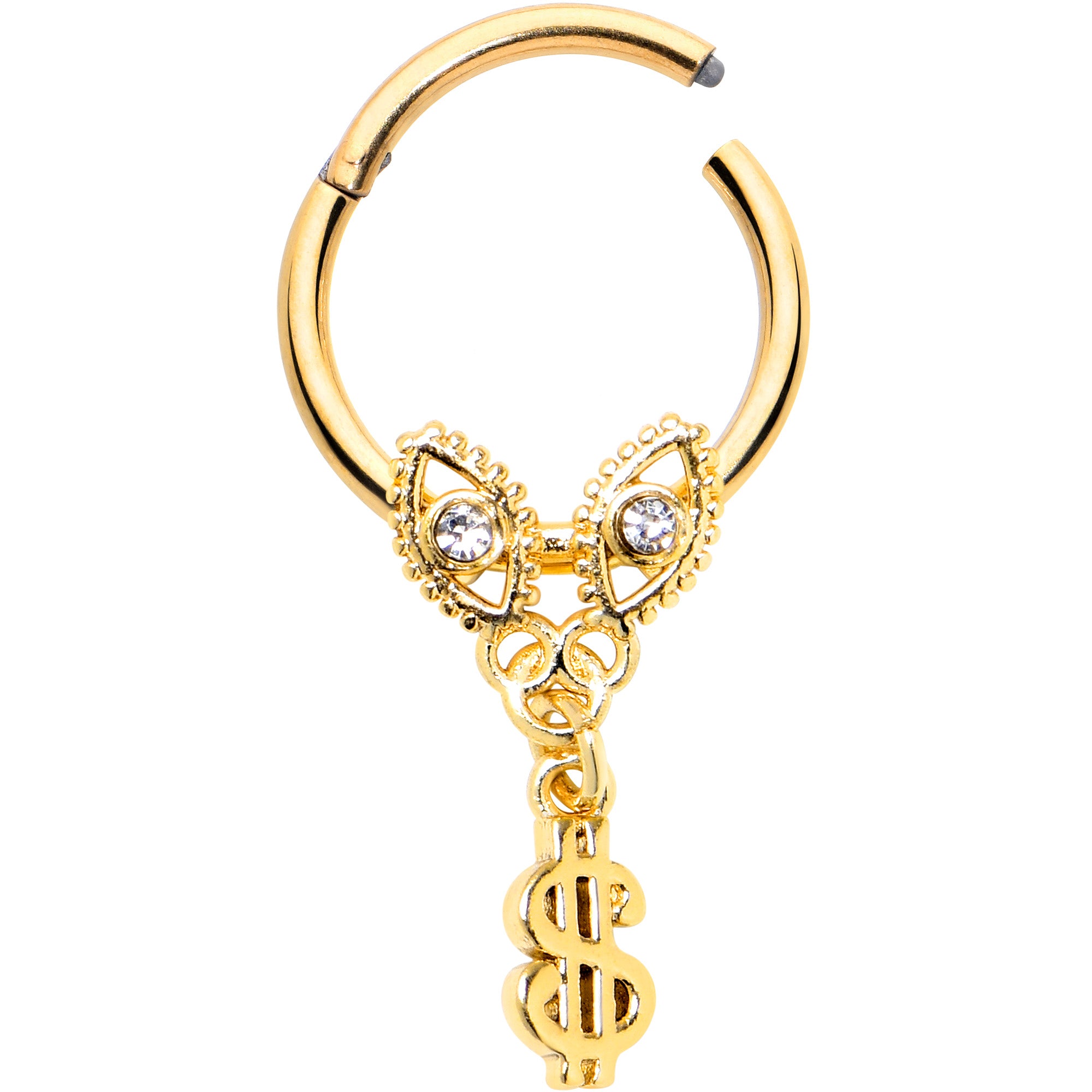 16G 3/8 Clear Gem Gold Hue Seeing Money Dangle Hinged Segment Ring