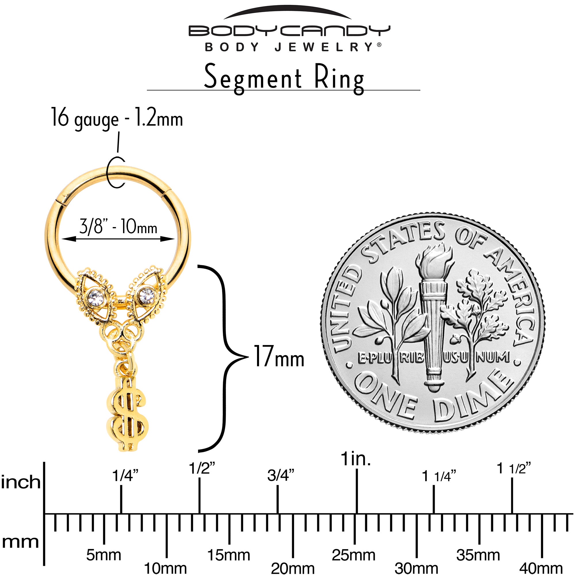 16G 3/8 Clear Gem Gold Hue Seeing Money Dangle Hinged Segment Ring