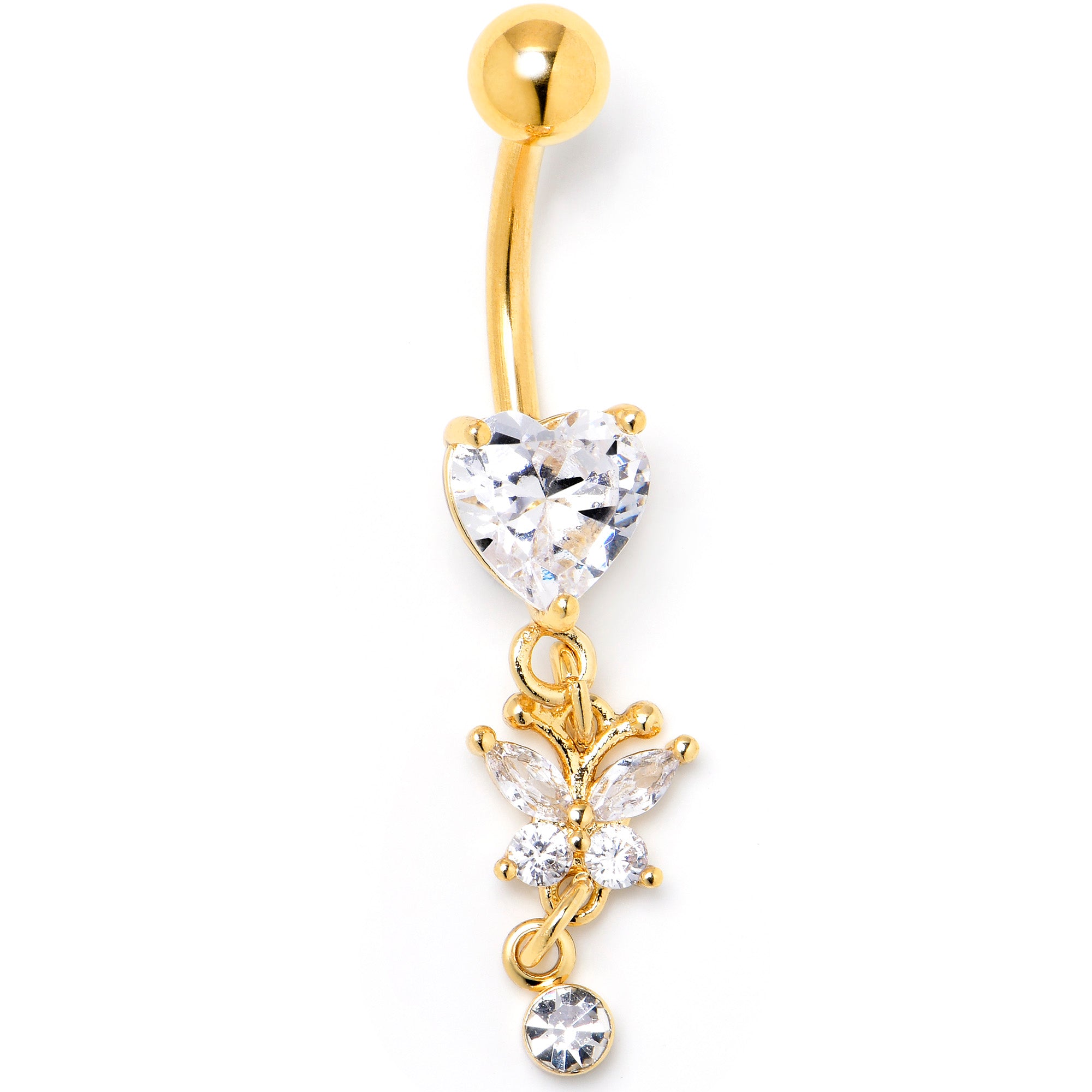 Clear CZ Gem Gold Tone Heart Butterfly Dangle Belly Ring