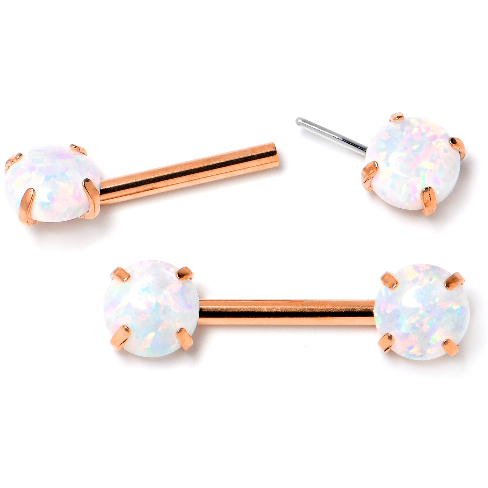 14G 1/2 White Synthetic Opal Rose Hue Threadless Nipple Ring Set