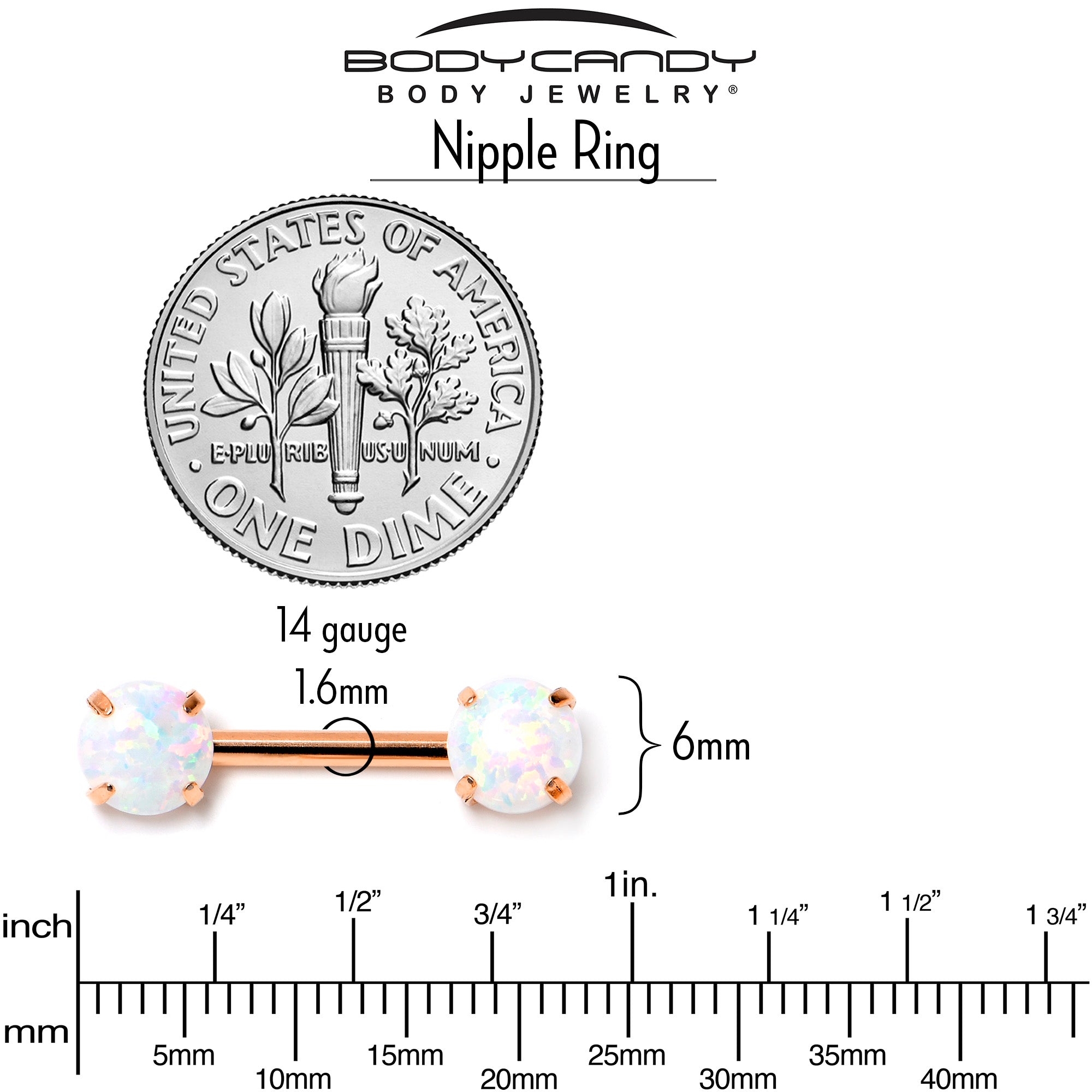 14 Gauge 1/2 White Synthetic Opal Rose Hue Threadless Nipple Ring Set