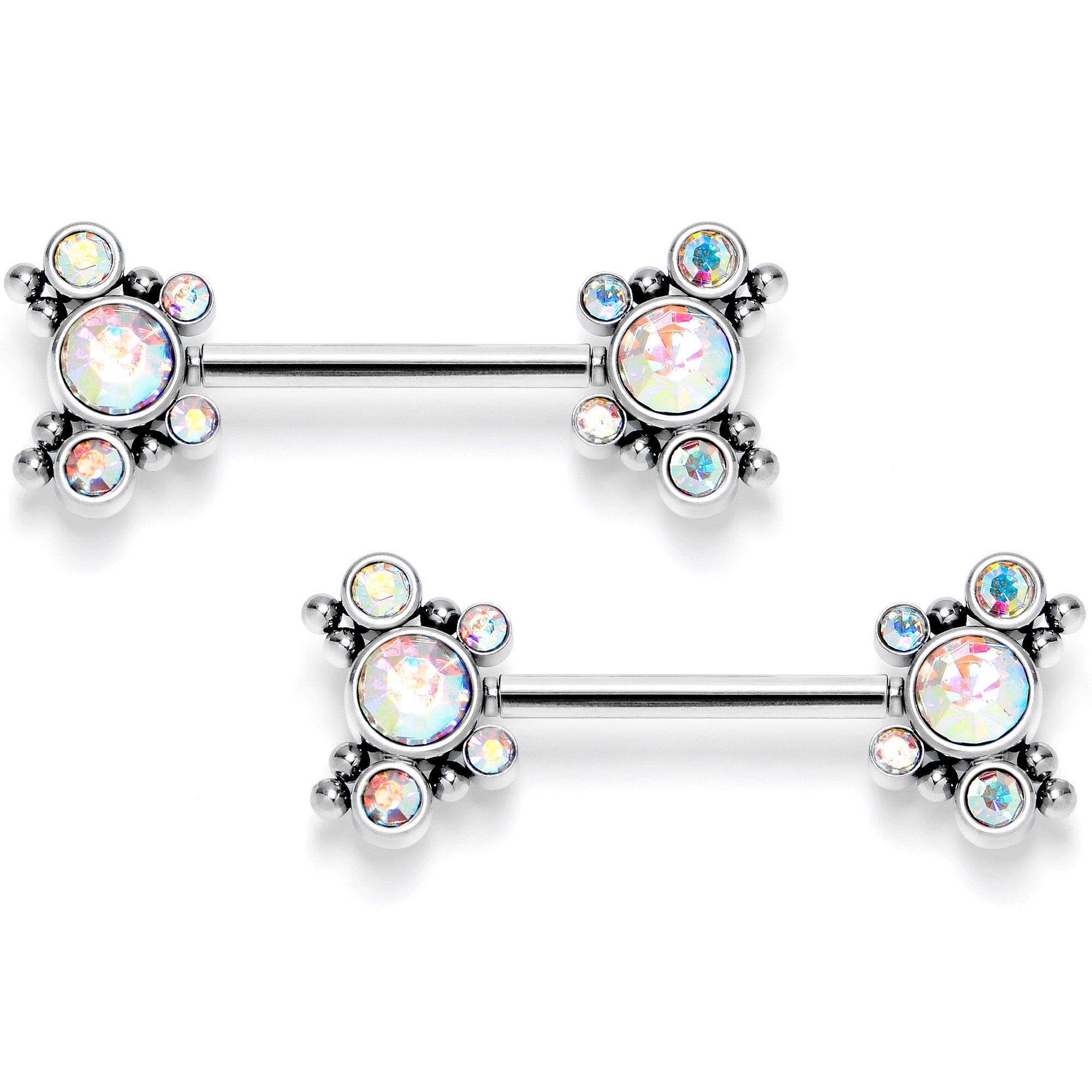 14G 9/16 Aurora CZ Gem Circles Threadless Barbell Nipple Ring Set