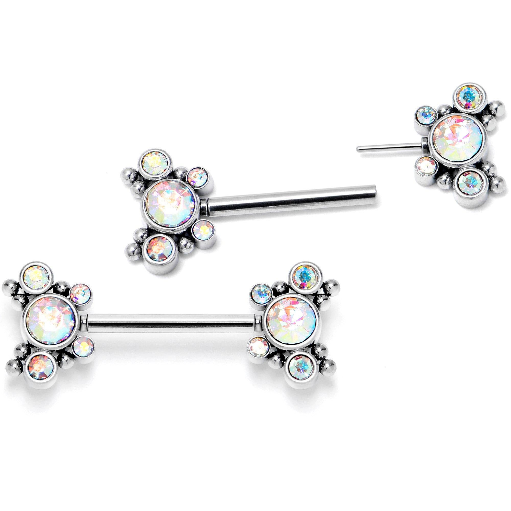 14G 9/16 Aurora CZ Gem Circles Threadless Barbell Nipple Ring Set