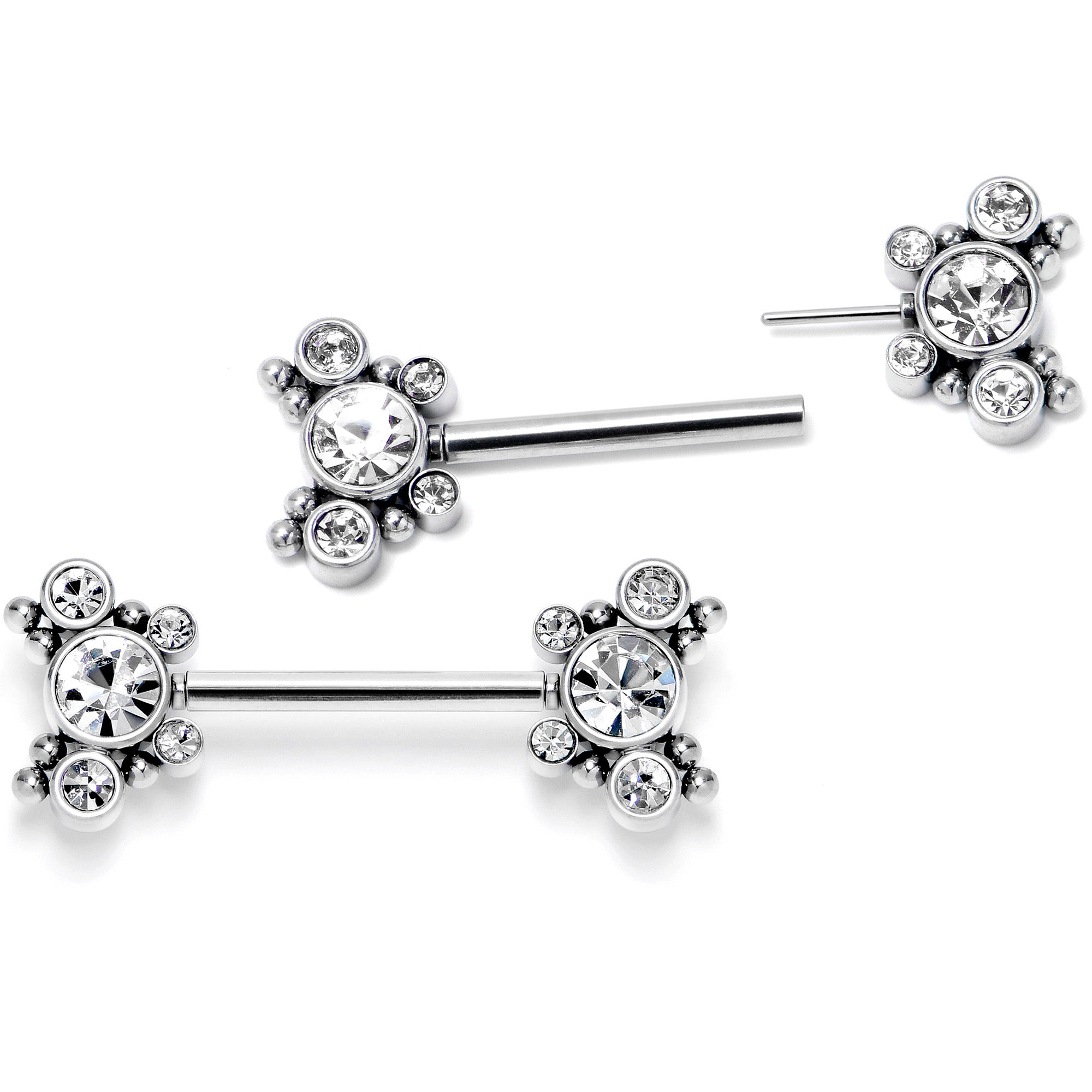 14G 9/16 Clear CZ Gem Circles Threadless Barbell Nipple Ring Set