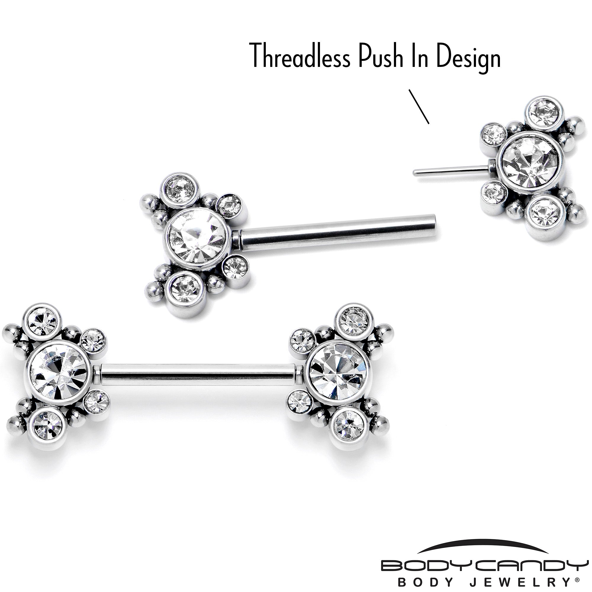 14G 9/16 Clear CZ Gem Circles Threadless Barbell Nipple Ring Set