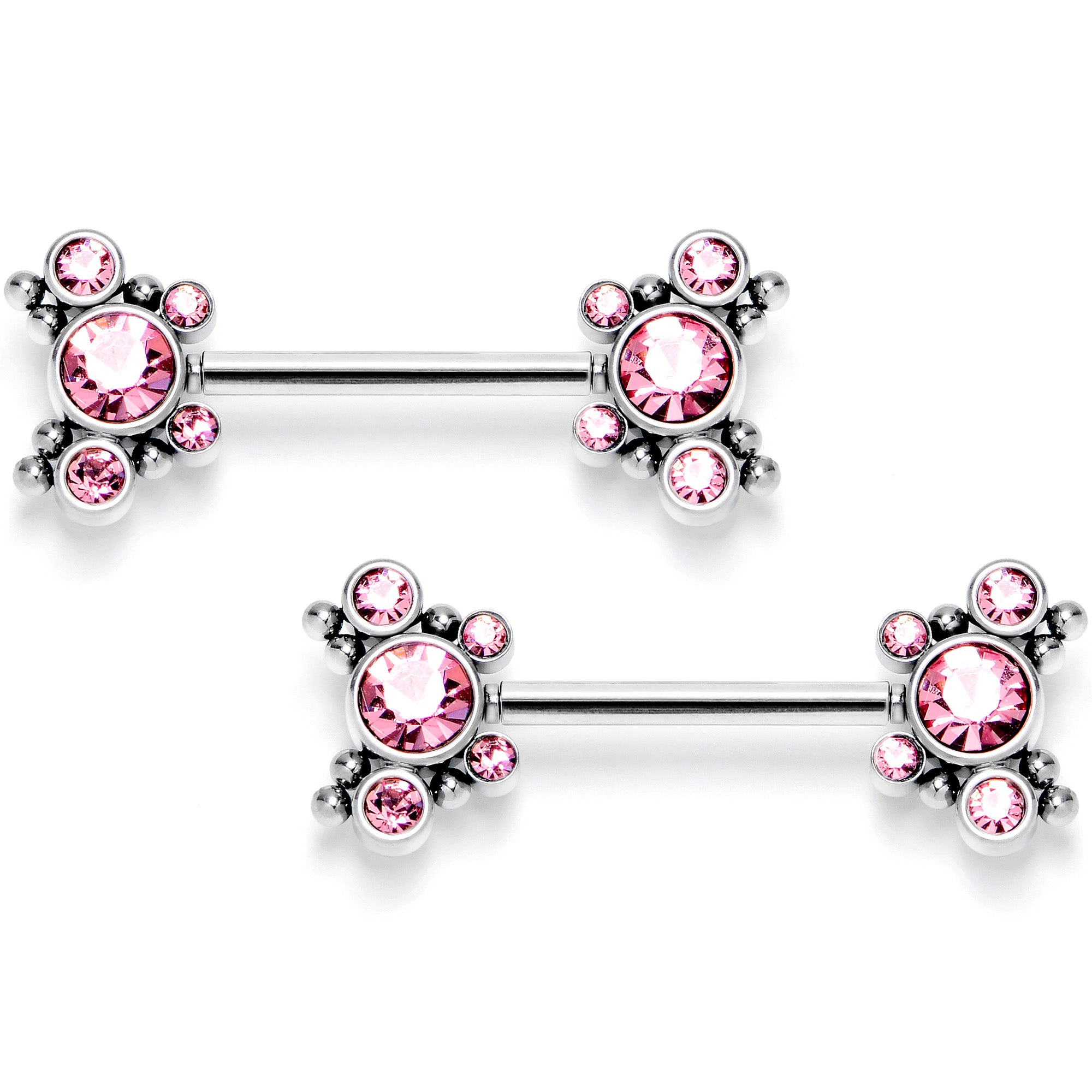 14G 9/16 Pink CZ Gem Circles Threadless Barbell Nipple Ring Set