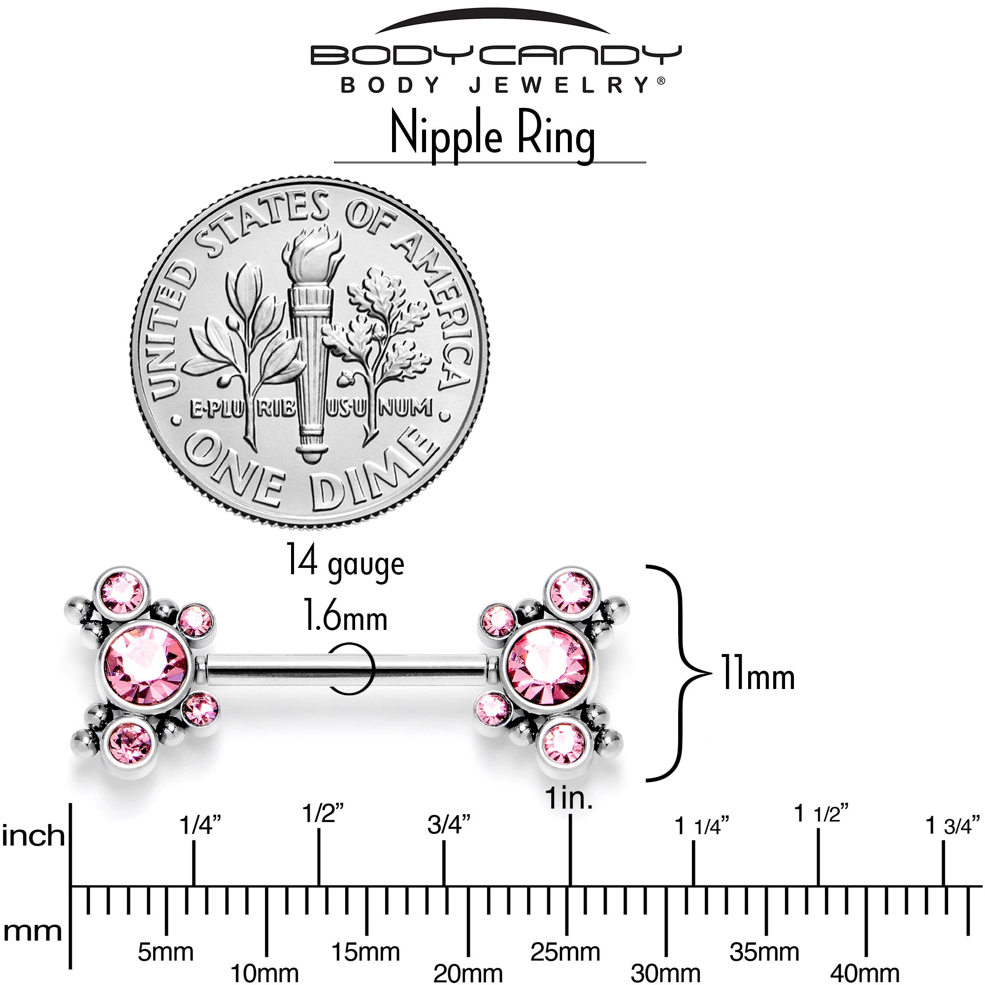 14 Gauge 9/16 Pink CZ Gem Circles Threadless Barbell Nipple Ring Set