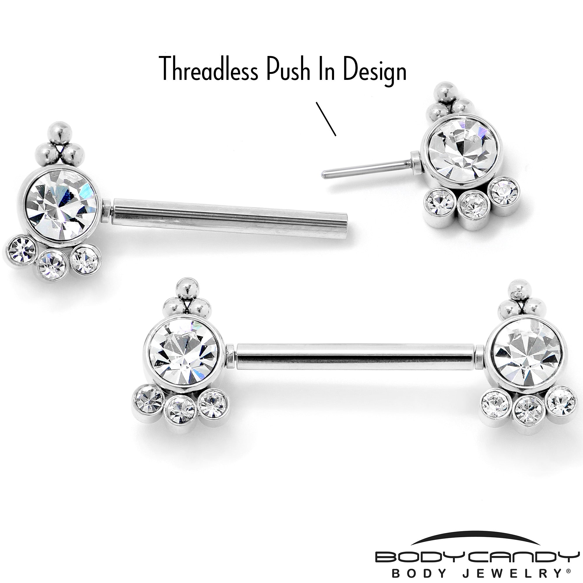 14G 9/16 Clear CZ Gem Style Threadless Barbell Nipple Ring Set