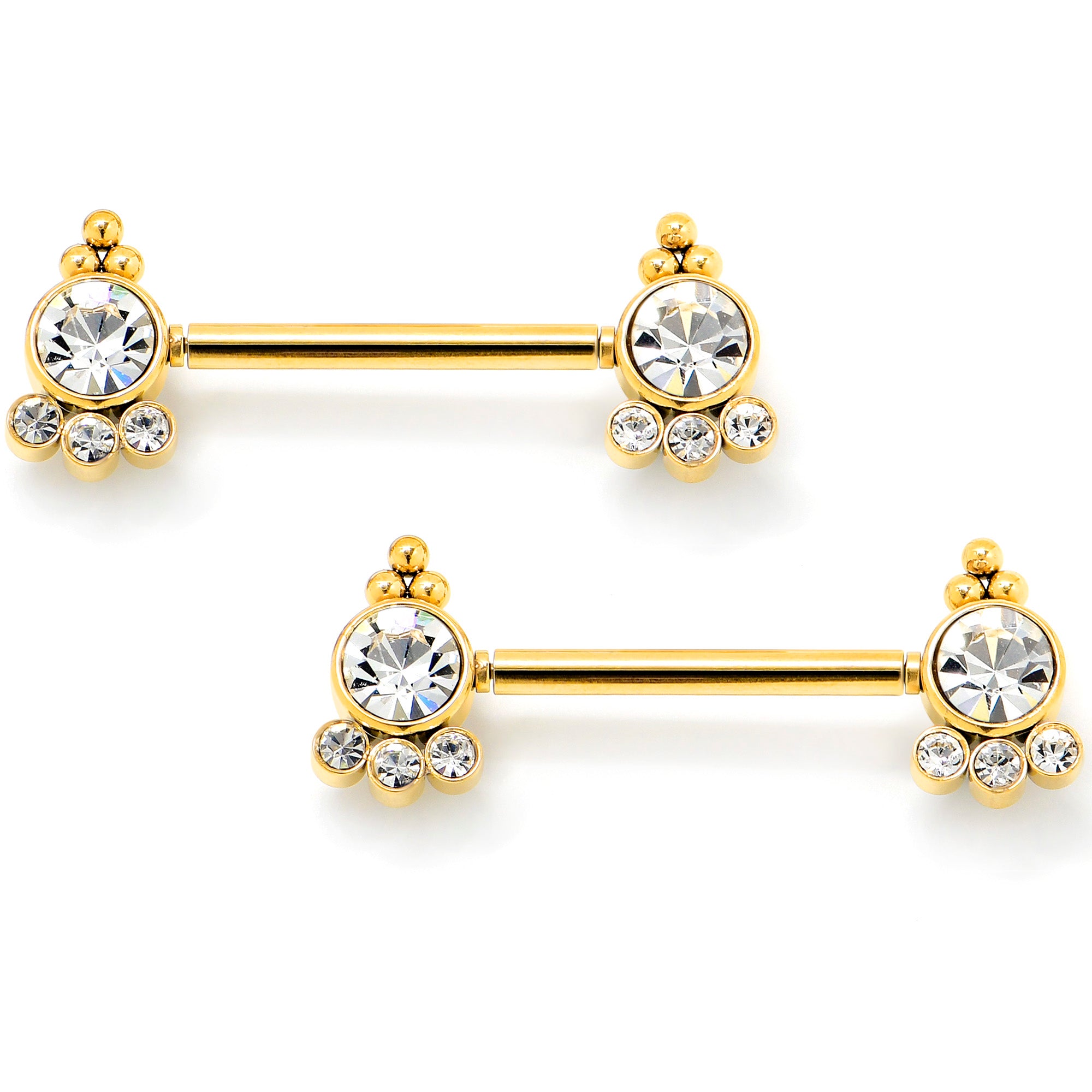 14G 9/16 Clear CZ Gem Gold Tone Style Threadless Nipple Ring Set